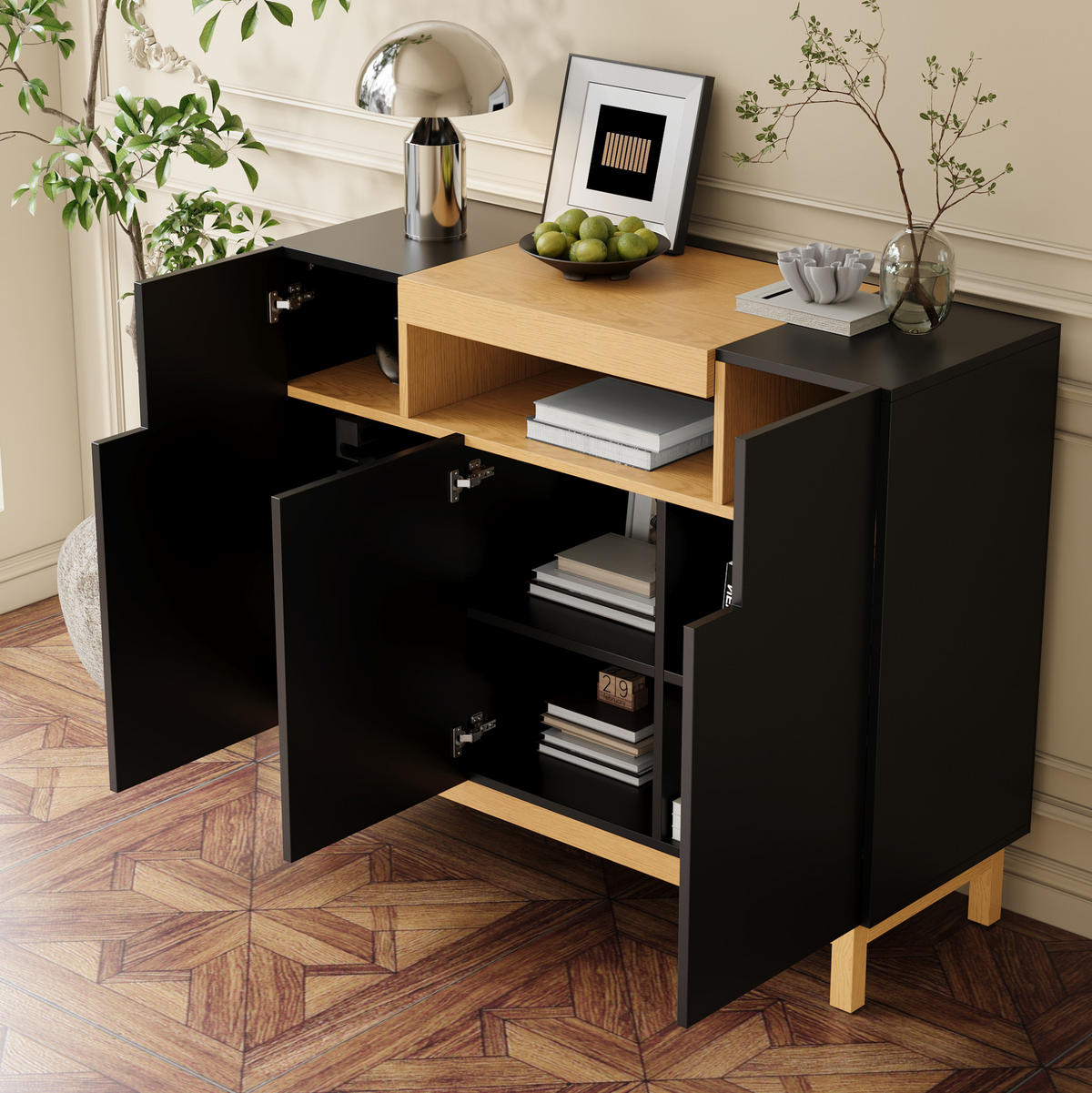 SIDEBOARD 120,5/42/96 cm mit 3 Türen & offenem Fach in Schwarz-Holzoptik - Schwarz, Holzwerkstoff (120.5/96/42cm) - BEAOK