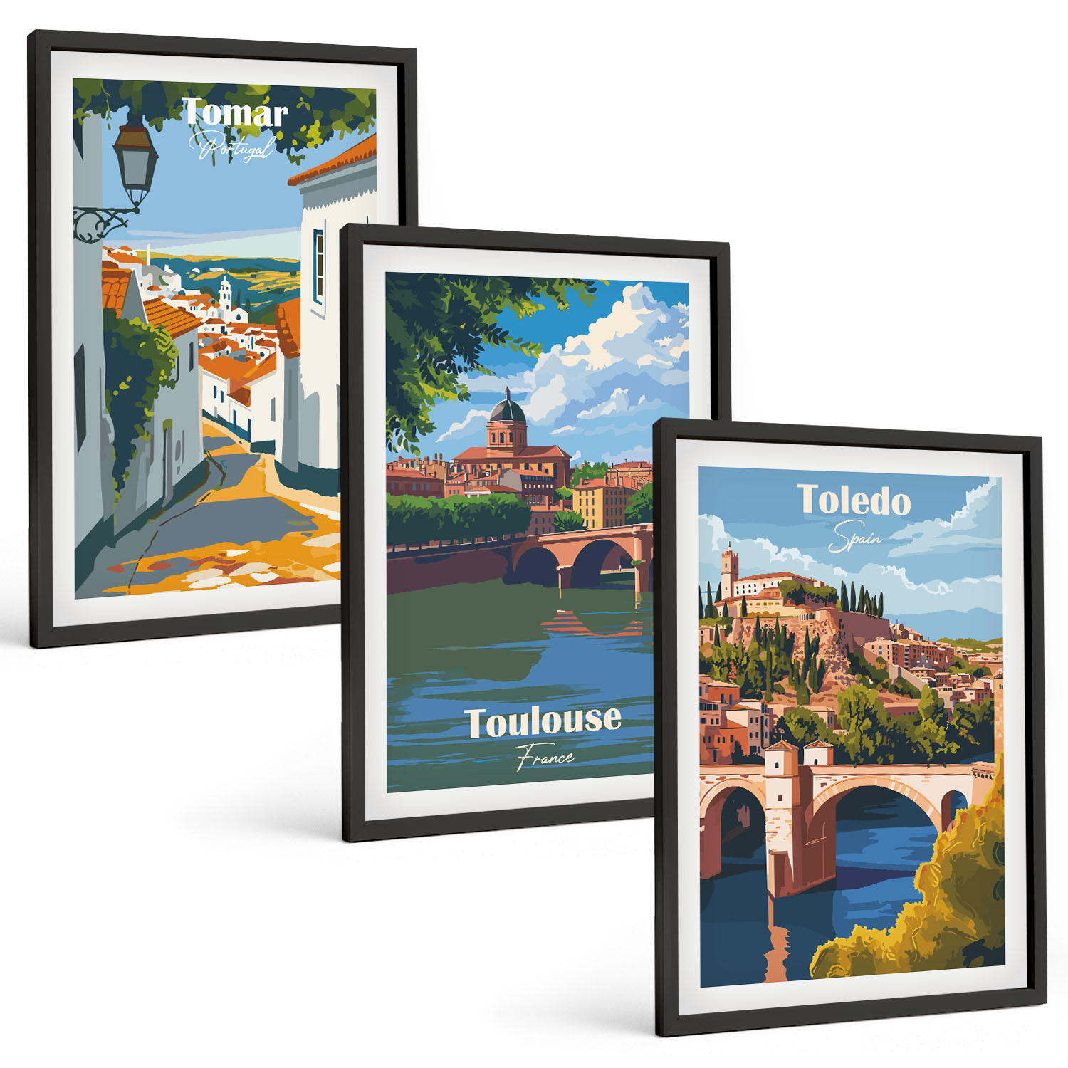 BILDER SET 3er Set - 40x60 cm Schwarzer Rahmen - Retro-Stadtgrafiken - Schwarz, Kunststoff (40/60cm) - TULUP