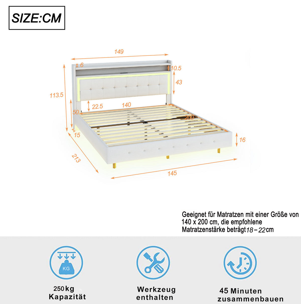 POLSTERBETT 140/200 cm Beige mit USB-Steckdose und LED-Beleuchtung - Beige, Textil (140/200cm) - Flora Grace