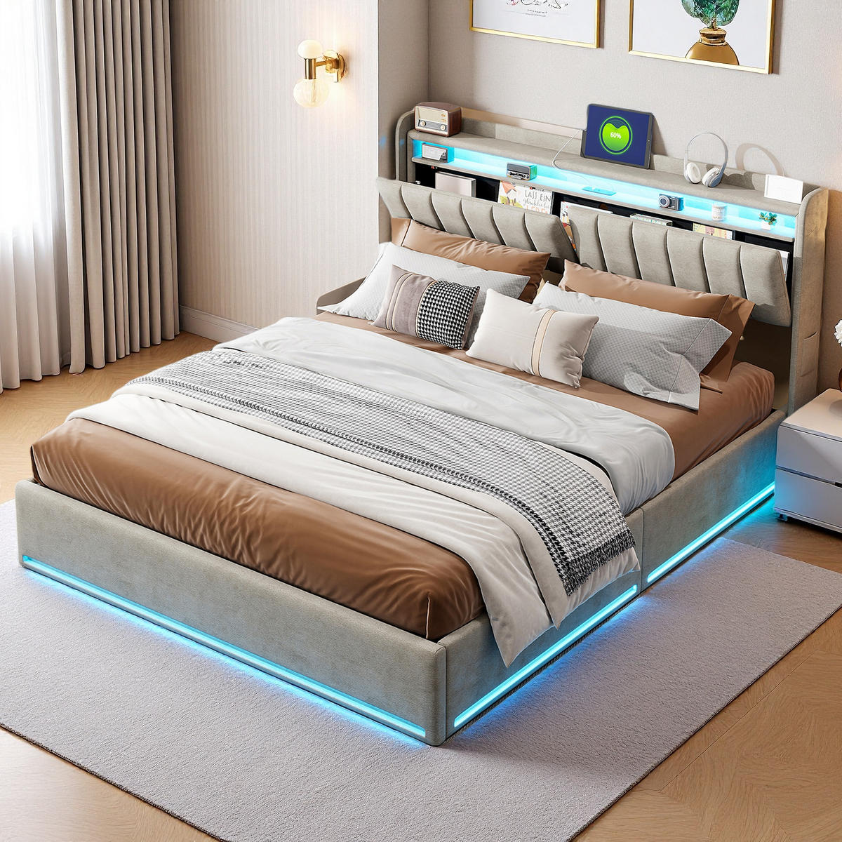 POLSTERBETT 140x190 cm LED Stauraum Lattenrost Kopfteil grau - Grau, Holz (140/190cm) - LEBENLANG