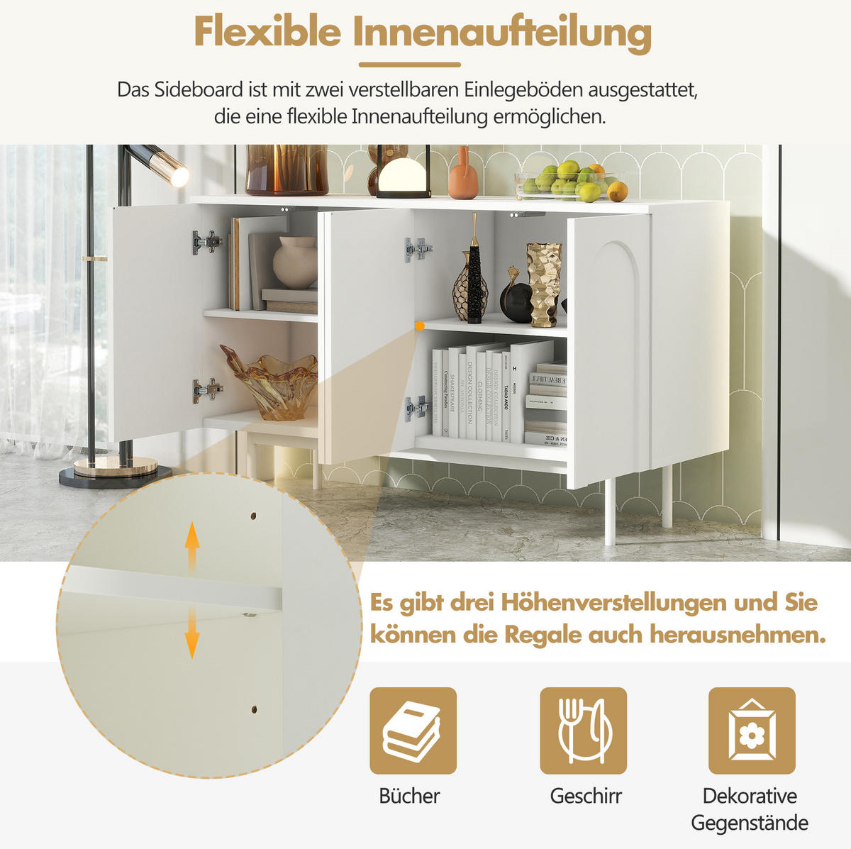SIDEBOARD aus MDF mit 4 Türen und verstellbaren Einlegeböden Weiß - Weiß, Holzwerkstoff (140/80/42cm) - Modenvie