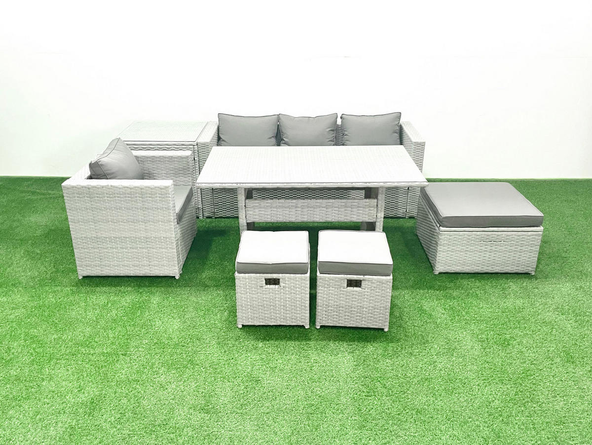 GARTENSET mit Esstisch,Sofa,Beistelltisch,3 Fußhocker Polyrattan Hellgrau 7-Sitzer - Hellgrau/Grau, Glas/Kunststoff - Fimous