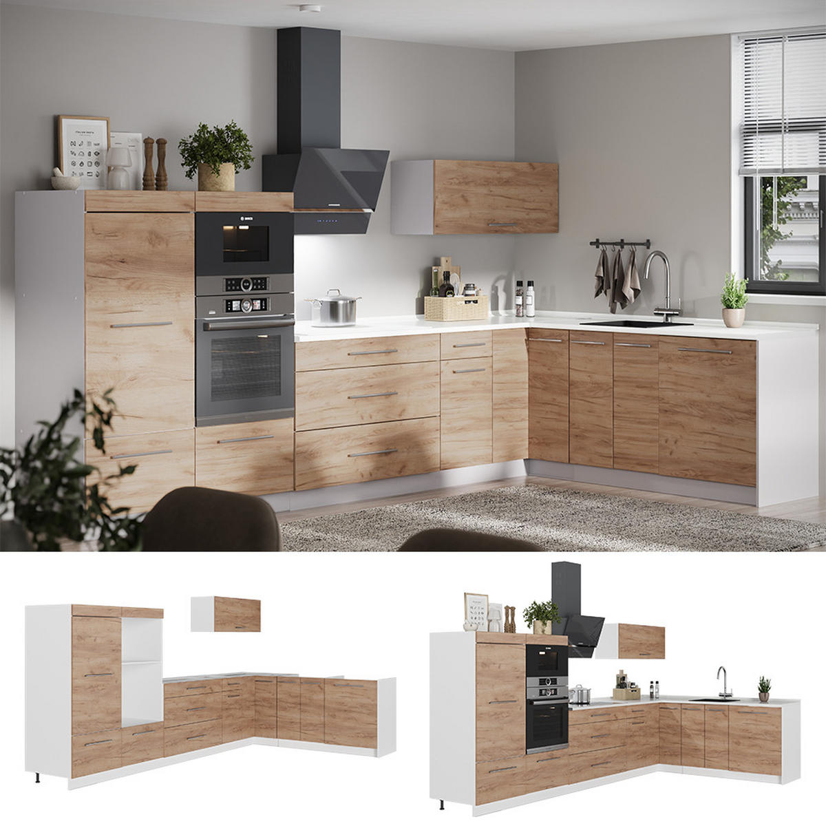 ECKKÜCHE Fame-Line, Goldkraft Eiche, 347 x 207 cm ohne Arbeitsplatte - Honigeiche, Holzwerkstoff (347/153.6/51.6cm) - Vicco