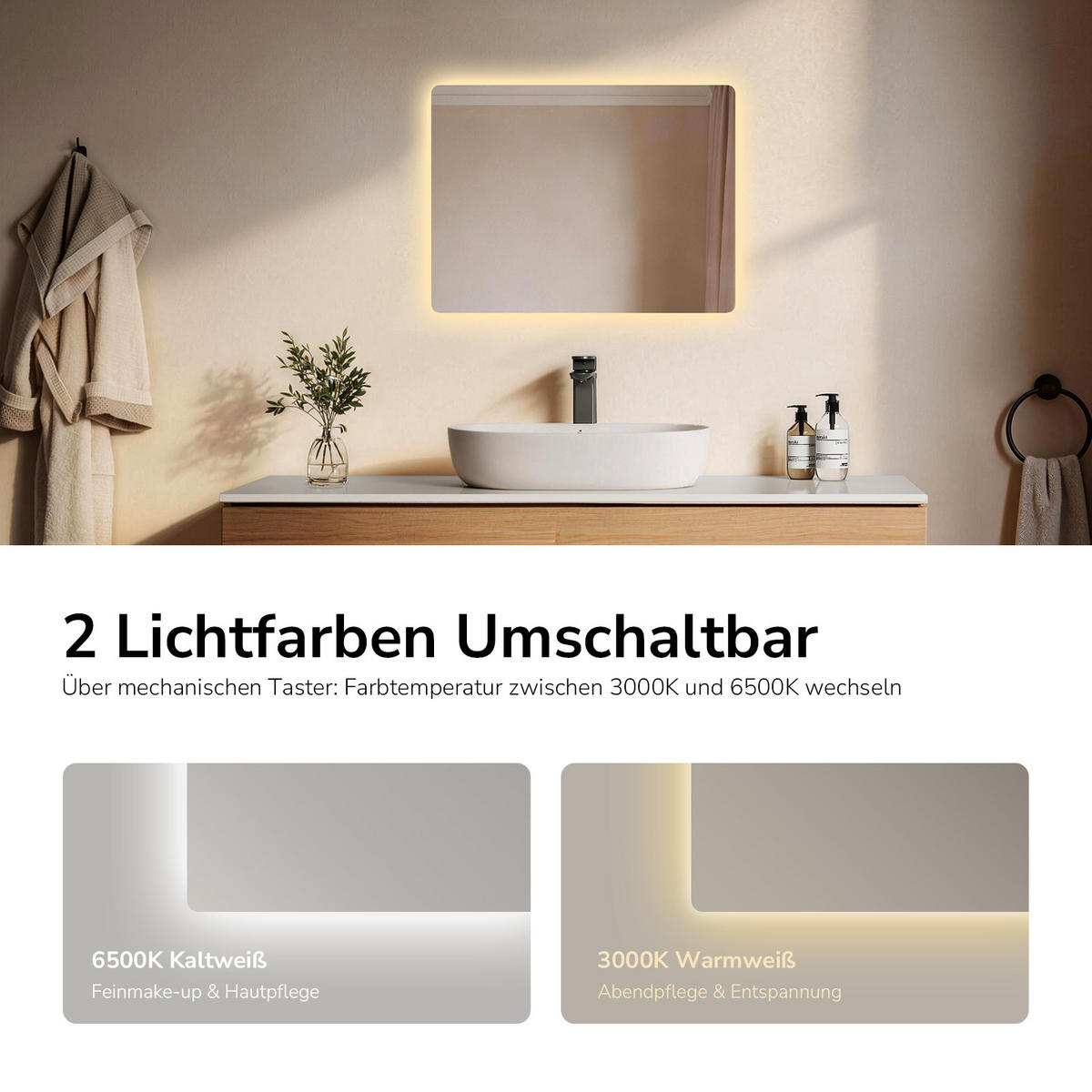 BADSPIEGEL mit Anti-Beschlag Beleuchtung Rechteckig 60/45 cm - Weiß, Glas (45/3.6/60cm) - EMKE