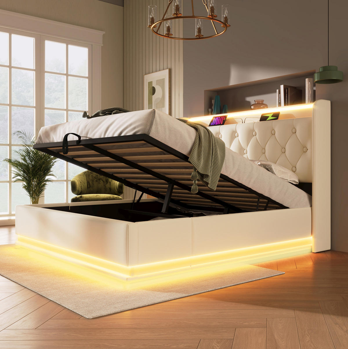 POLSTERBETT 140/200 cm weiß aus PU mit LED-Beleuchtung - Weiß, Kunststoff (140/200cm) - OKMYHOME