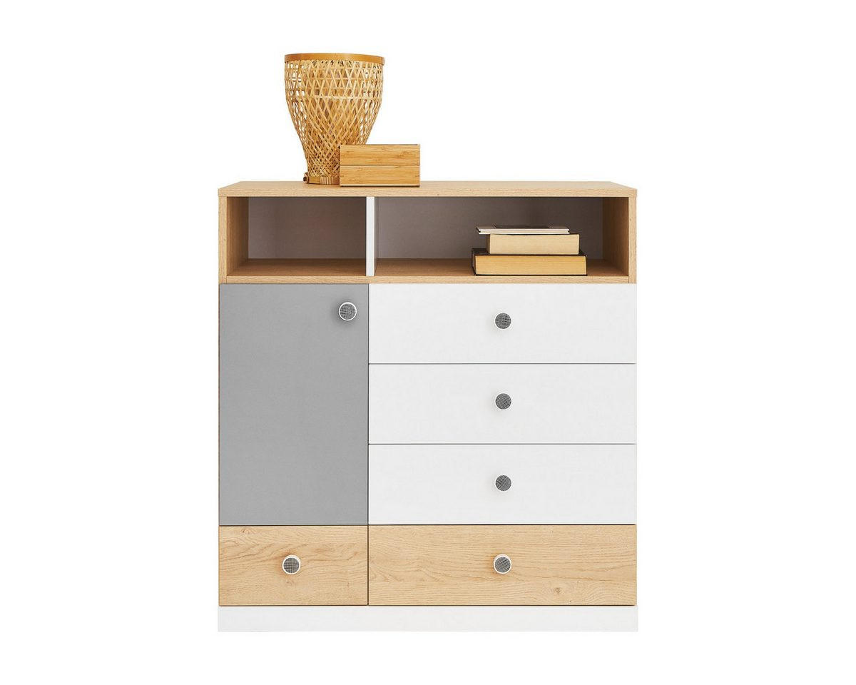 KINDERKOMMODE POKO 9 85/90/40 cm in Biskuiteiche / Weiß Lux / Grau - Eichefarben/Weiß, Holzwerkstoff (85/90/40cm) - Deine Möbel 24