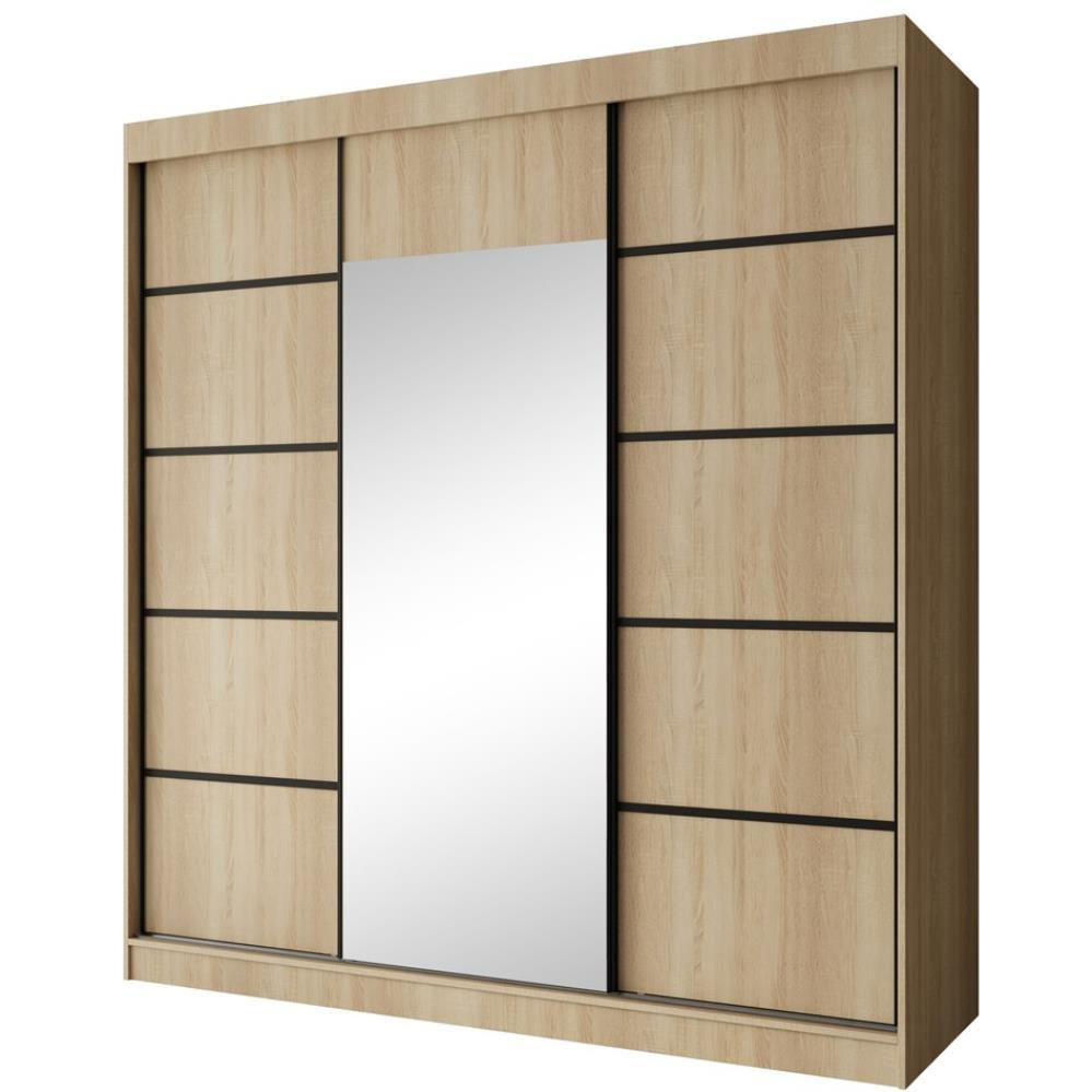SCHWEBETÜRENSCHRANK Monica 200/215/61 3-türig eiche sonoma+schwarz mit Spiegel - Schwarz/Sonoma Eiche, Holzwerkstoff (200/215/61cm) - Beautysofa