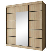 SCHWEBETÜRENSCHRANK Monica 200/215/61 3-türig eiche sonoma+schwarz mit Spiegel - Schwarz/Sonoma Eiche, Holzwerkstoff (200/215/61cm) - Beautysofa