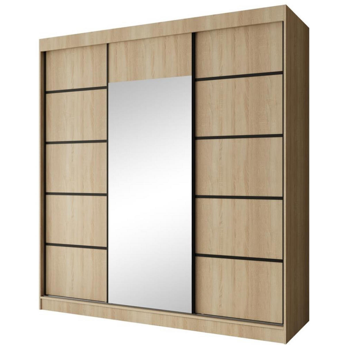 SCHWEBETÜRENSCHRANK Monica 200/215/61 3-türig eiche sonoma+schwarz mit Spiegel - Schwarz/Sonoma Eiche, Holzwerkstoff (200/215/61cm) - Beautysofa