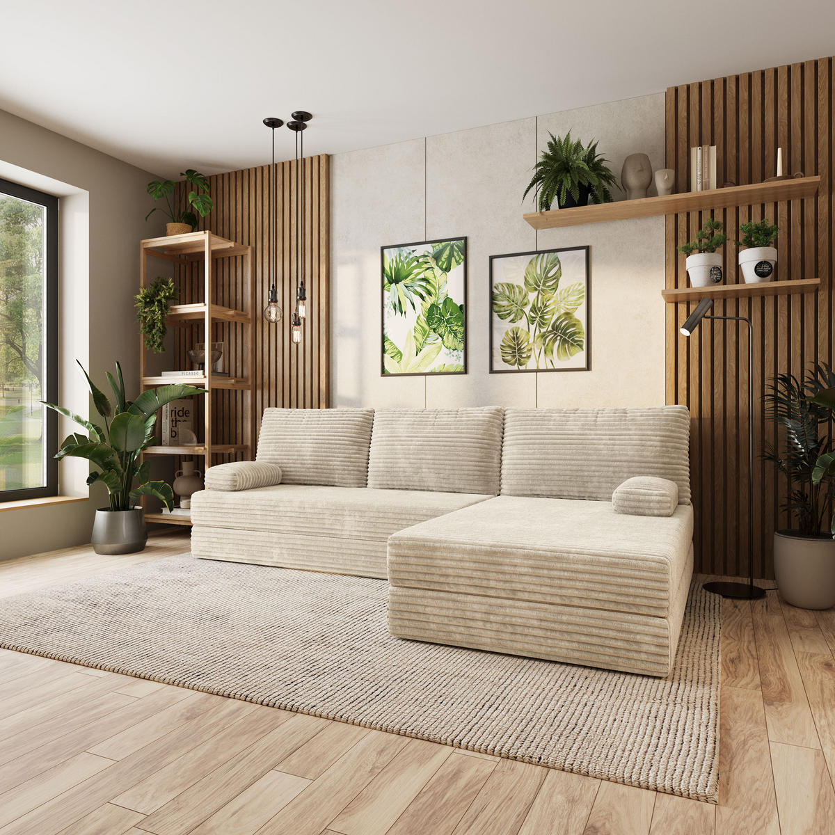 ECKSOFA ANKO modulares Boneless Sofa mit Schlaffunktion Creme Kordstoff - Creme, Textil (270/160cm) - MASSENO