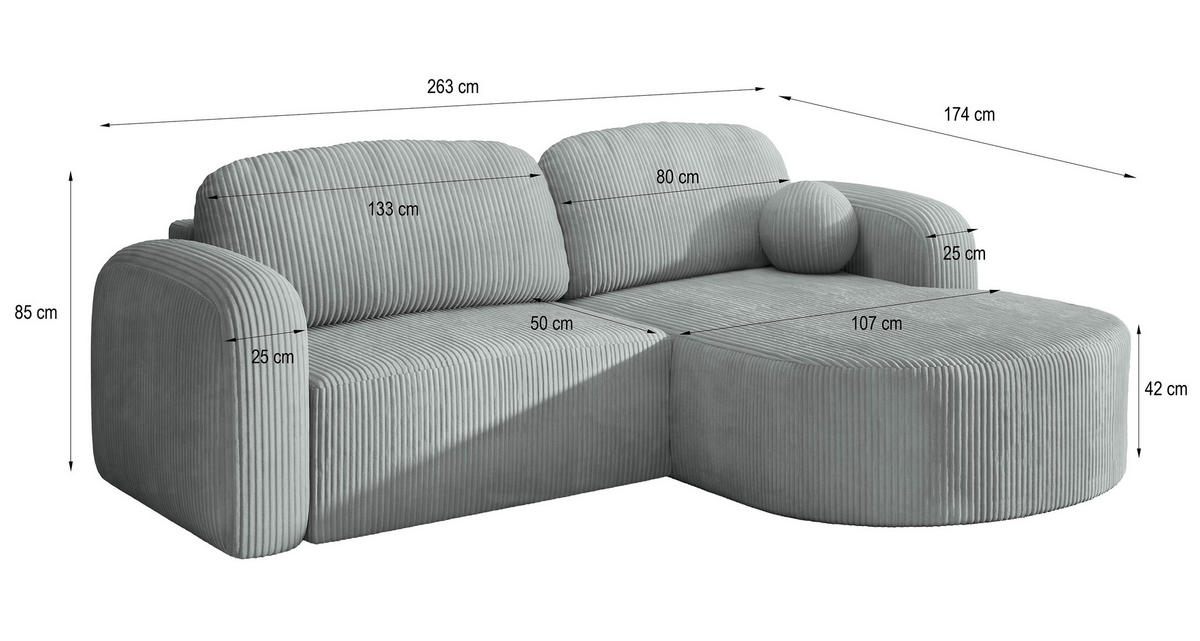 ECKSOFA AMILIA P L-S Creme Kordstoff mit Schlaffunktion - Creme, Holz (263/174cm) - MASSENO