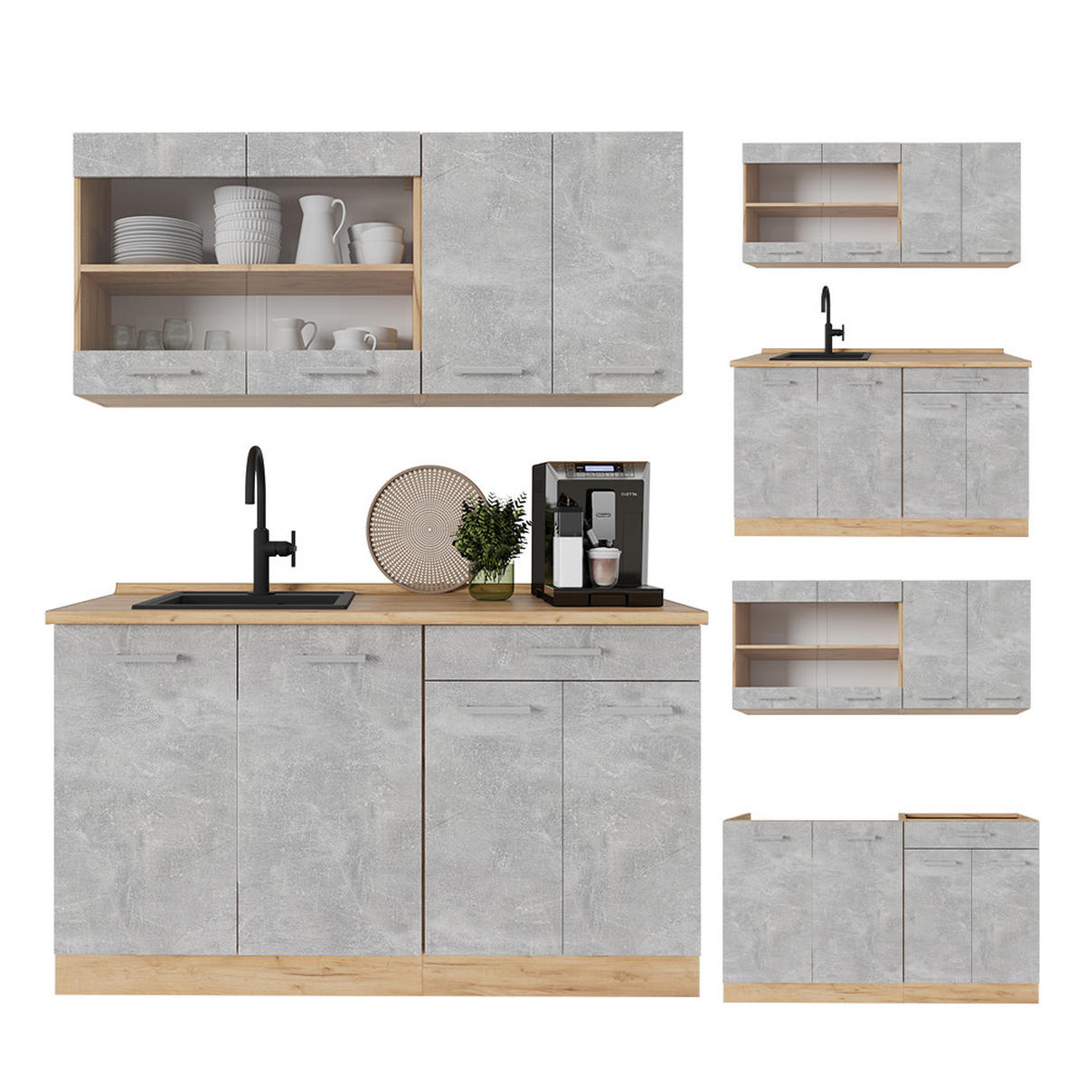 SINGLE KÜCHE R-Line Beton/Goldkraft Eiche 140 cm ohne Arbeitsplatte - Schieferfarben/Eiche Wotan, Holzwerkstoff (140/81.6/46cm) - Vicco