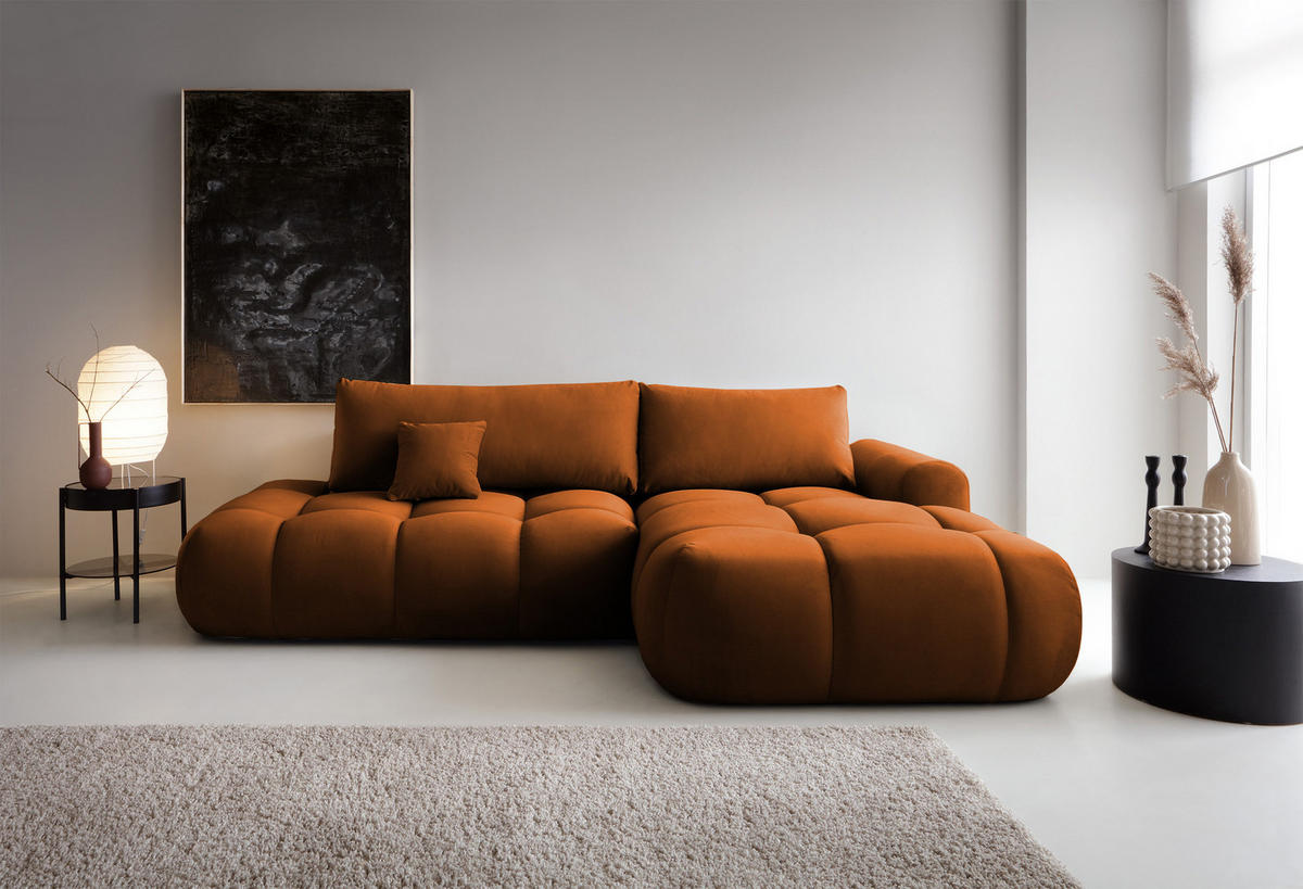 ECKSOFA Ombo Kupferbraun Velours 280 cm - Schwarz/Kupferfarben, Kunststoff/Textil (284/167cm) - Selsey