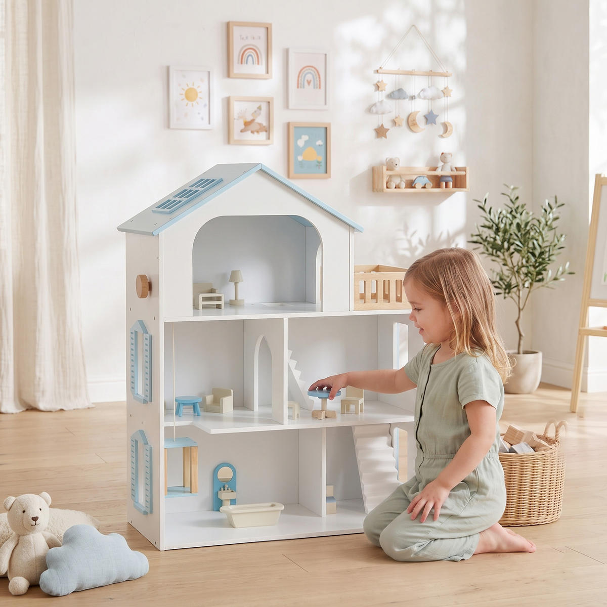 PUPPENHAUS MDF Kiefernholz Blau - Blau, Holzwerkstoff (29.5/79.5/63.5cm) - AIYAPLAY