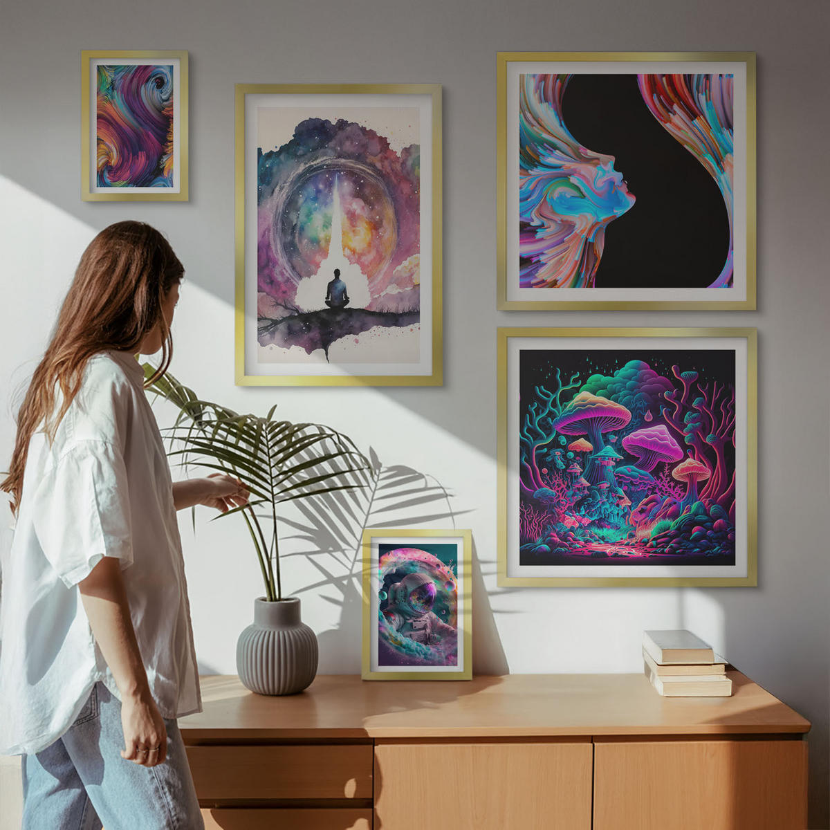 BILDER SET 5er Set - 50x50 cm & 20x30 cm & 40x60 cm Goldrahmen - Farbenfrohe Fantasy-Kunstillustrationen - Goldfarben, Kunststoff (40/60cm) - TULUP