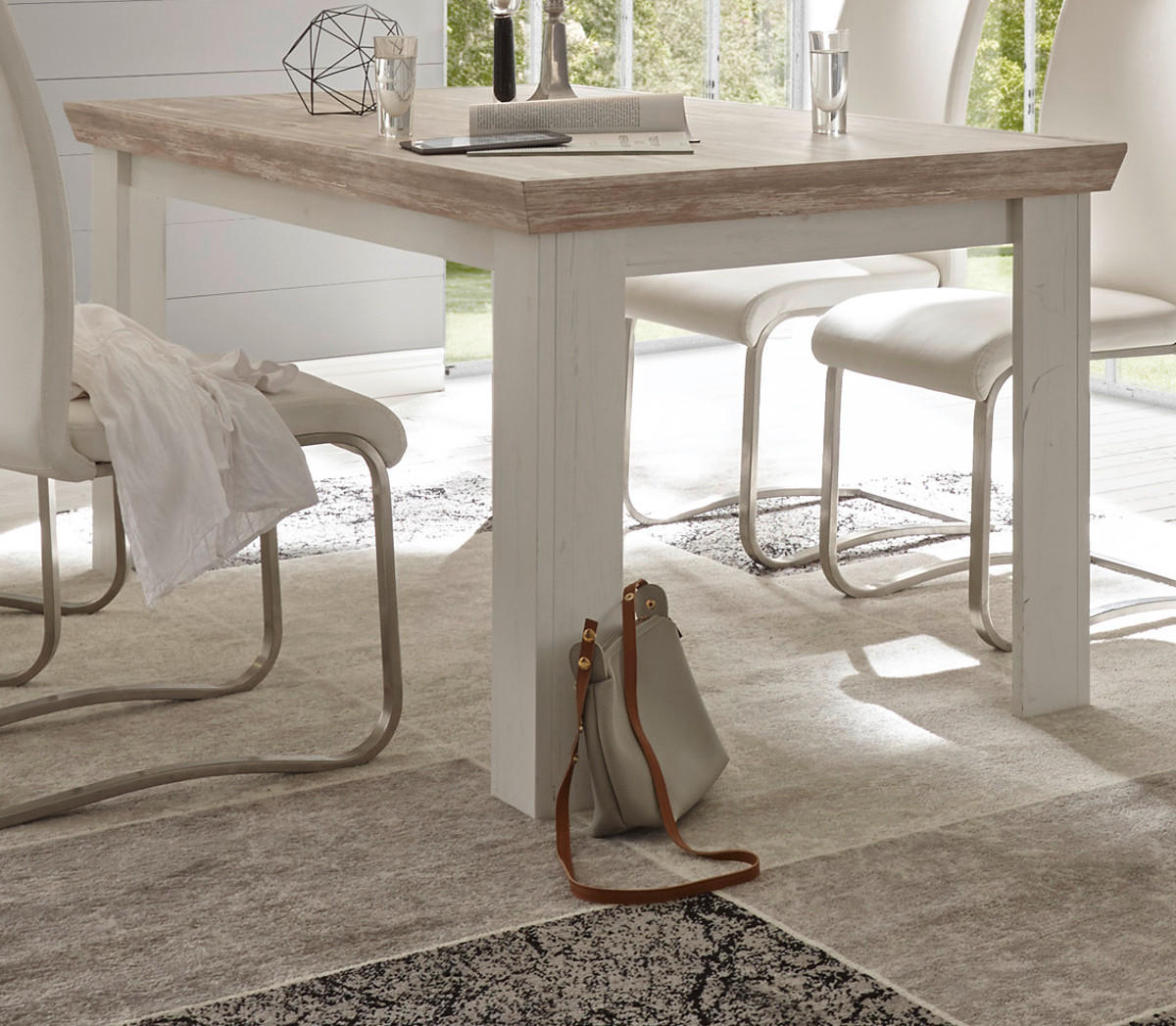 ESSTISCH Pinie weiß, Oslo Pinie Landhaus, Küchentisch, 160 x 90 cm - Weiß/Pinienfarben, Holzwerkstoff (160/90/76cm) - Furn.Design