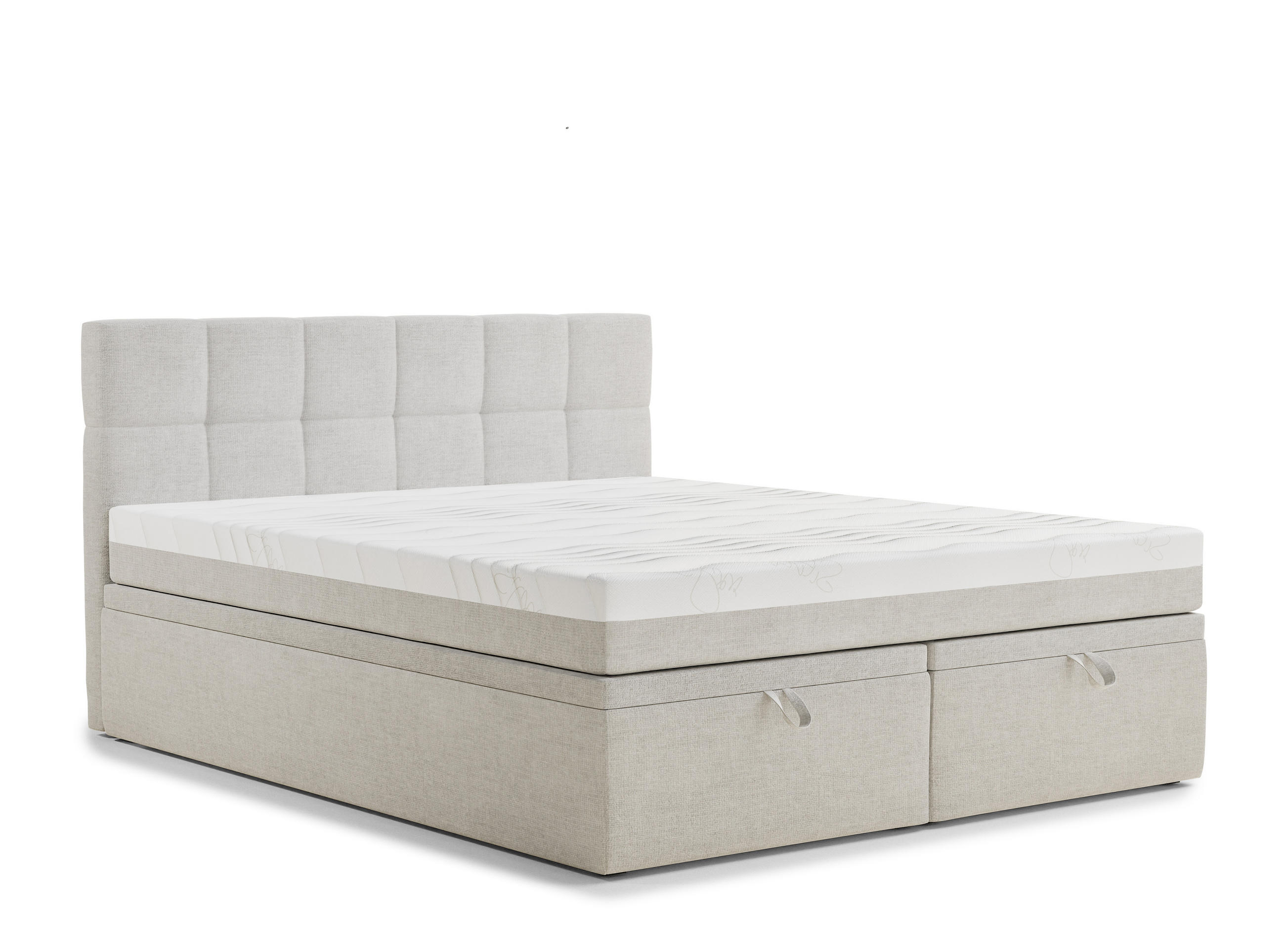 BOXBETT 140/200 cm Gotu S, in Hellbeige, Matratze, gepolstertes Kopfteil, Bettkasten, H3 = fest - Beige/Schwarz, Holz/Holzwerkstoff (140/200cm) - Maison de Reve