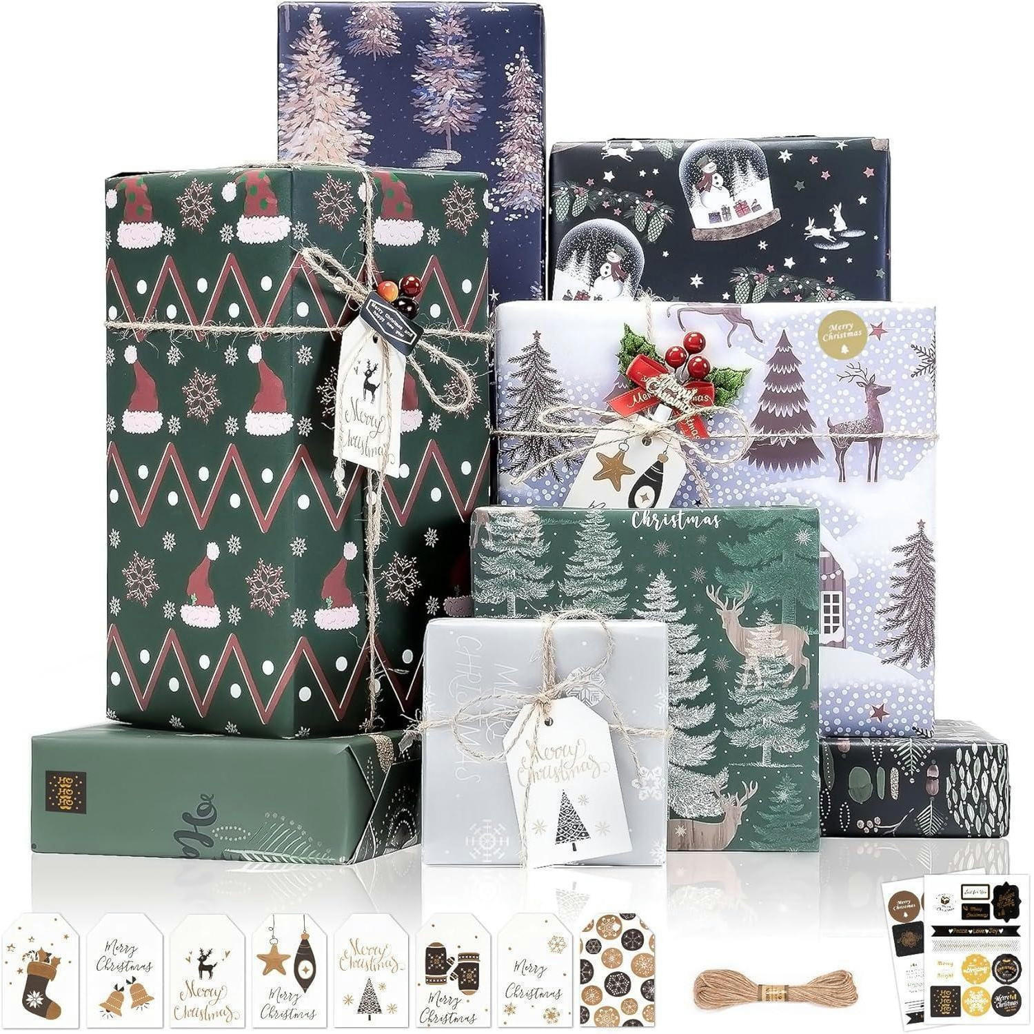 GESCHENKPAPIER Set Weihnachten 8 Blatt 70x50cm Mattes Kraftpapier mit Anhängern und Aufklebern - Multicolor, Papier (50/50/70.1cm)