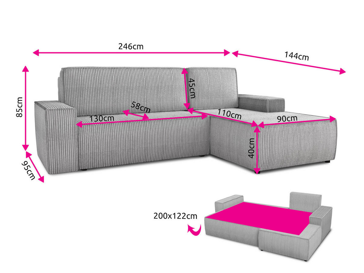 ECKSOFA Totti L, Seite: Links - Grau, Holz/Textil (246/144cm) - Sofnet