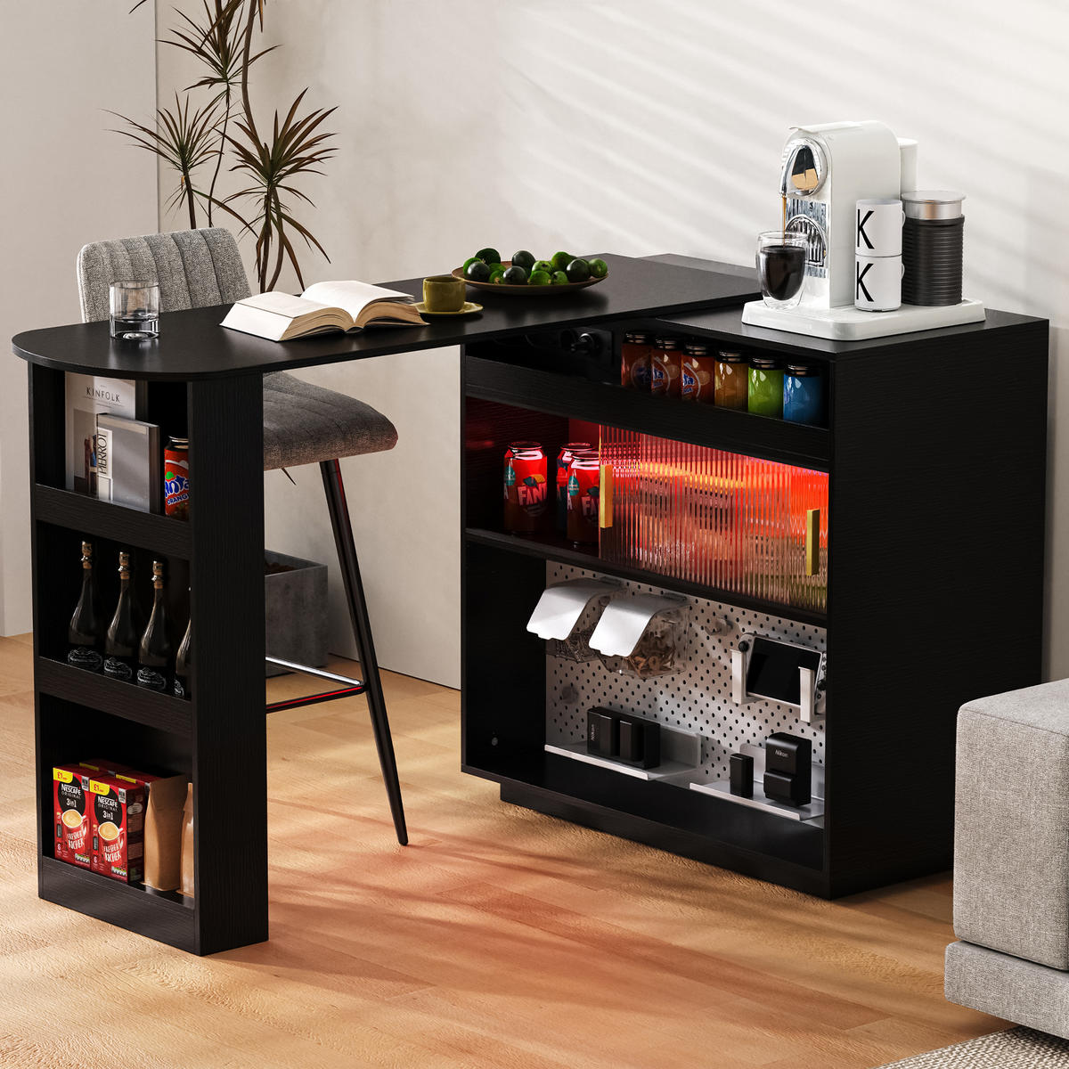 BARTISCH 120/50/95,5 cm in Schwarz mit Stauraum und LED-Beleuchtung - Schwarz, Holzwerkstoff (50/120/95.5cm) - BEAOK