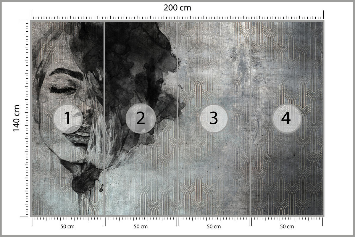 FOTOTAPETE für Wohnzimmer Abstrakte Frau Porträt Beton Ornament 200x140 - Grau, Papier (200/140cm) - Muralo