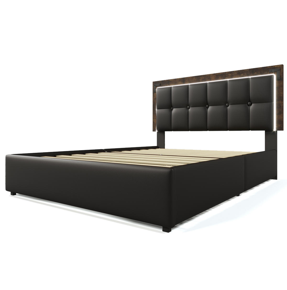 POLSTERBETT mit LED-Beleuchtung 140/200 cm mit Schubladen & verstellbarem Kopfteil - Schwarz, Kunststoff (140/200cm) - BEAOK