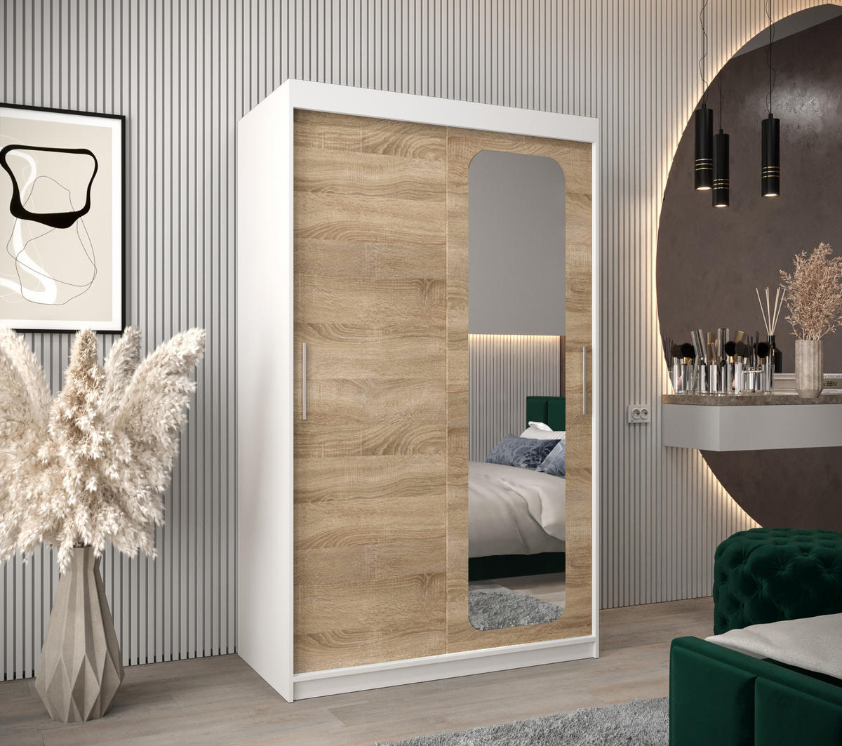 SCHWEBETÜRENSCHRANK 200/120/62 2-türig - Silberfarben/Weiß, Holz/Kunststoff (120/200/62cm) - Abiks Möbel