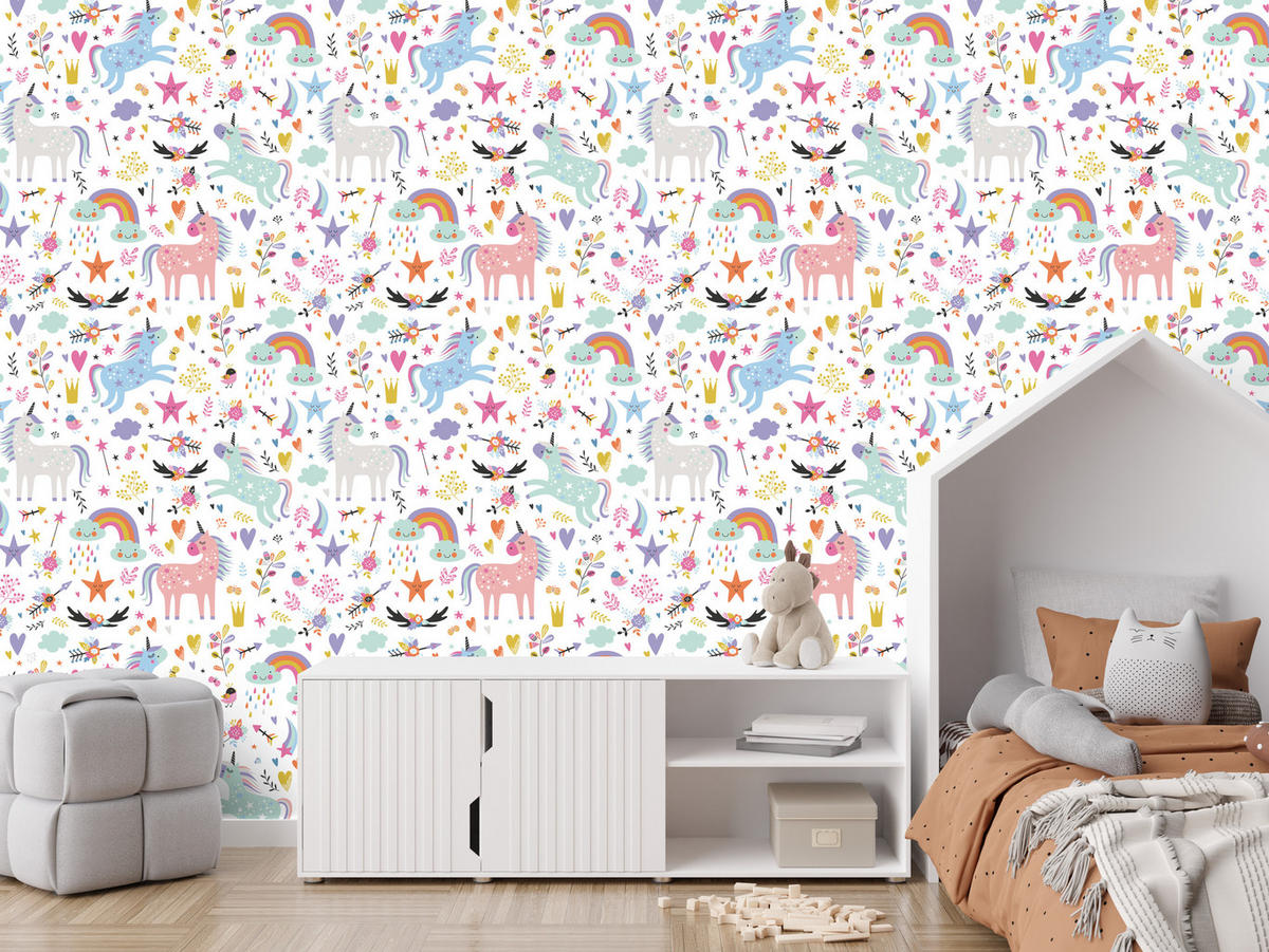 VLIESTAPETE Bunte Einhörner und Regenbogen – Bunt, Weiß – 50x1000 cm - Multicolor/Weiß, Papier (50/1000cm) - Muralo