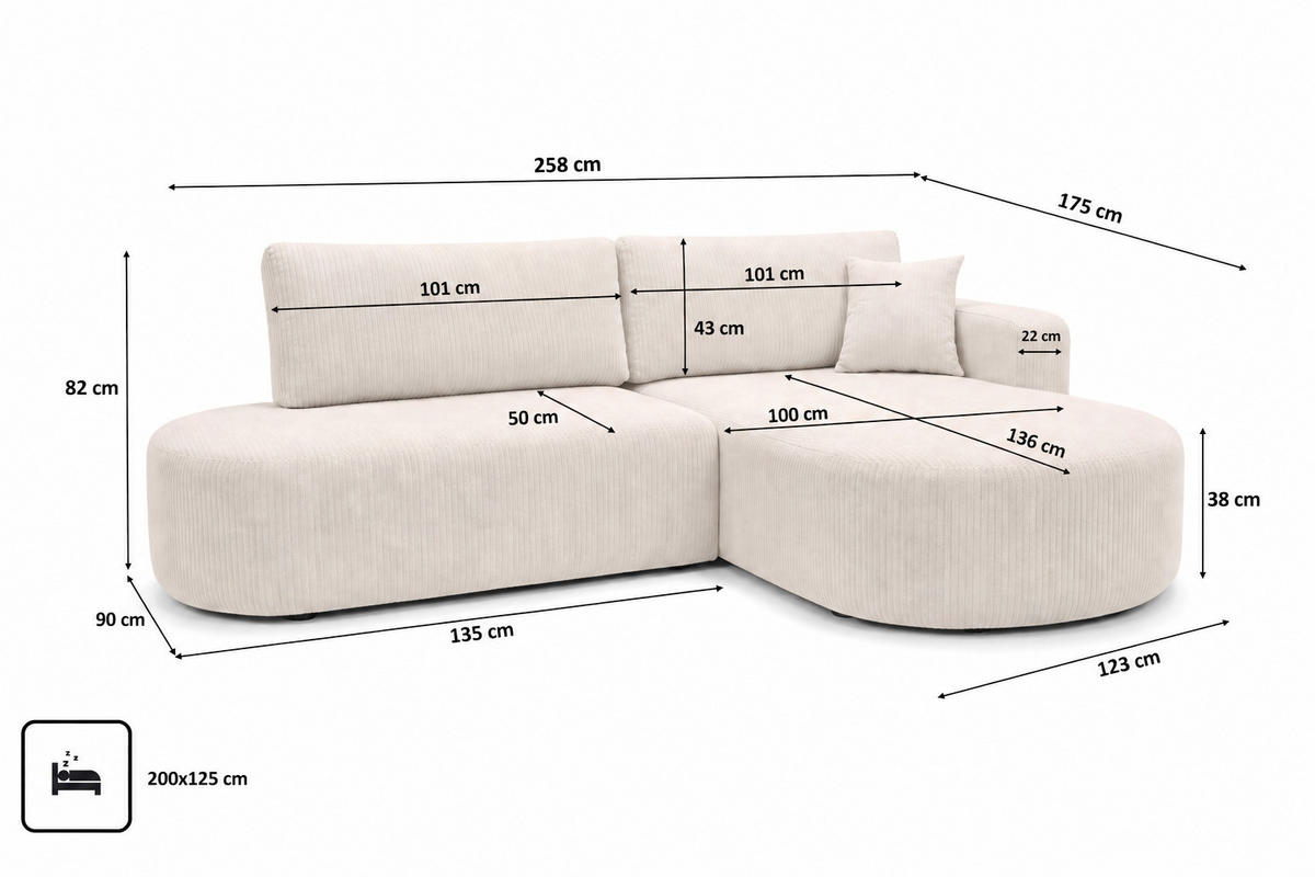 ROHOVÁ SEDAČKA s funkcí spaní a úložným prostorem, manšestrová tkanina Poso, Béžová, Pravá strana, ROUND ONE OPEN XL - krémová, dřevo (258/175cm) - Kaiser Möbel
