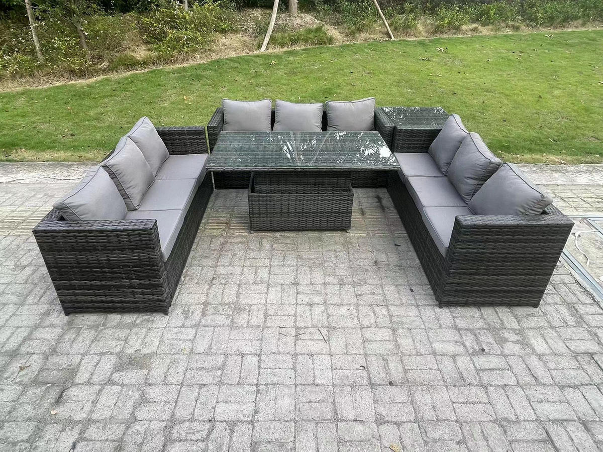 GARTENMÖBEL HÖHENVERSTELLBARER ESSTISCH SET Polyrattan Outdoor 9-Sitzer - Dunkelgrau/Grau, Glas/Kunststoff - Fimous
