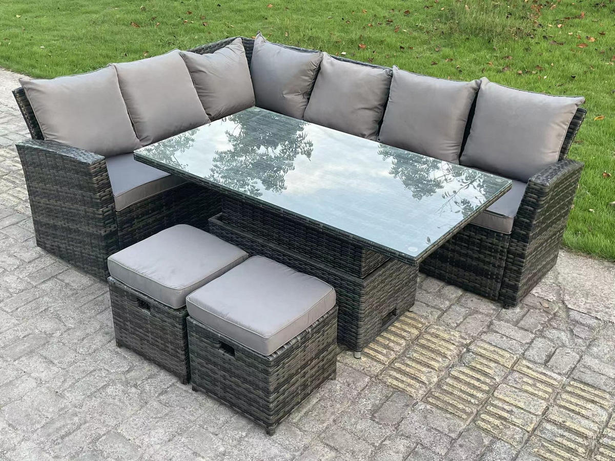 GARTENSOFA SET Polyrattan 8-Sitzer - Dunkelgrau/Grau, Glas/Kunststoff - Fimous