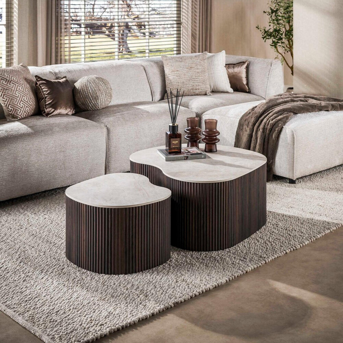 COUCHTISCH CERAMO MEDIO 2-teilige organische Lounge-Tische im Monolith-Design - Dunkelbraun/Beige, Keramik (90/85/39cm) - alesvelt