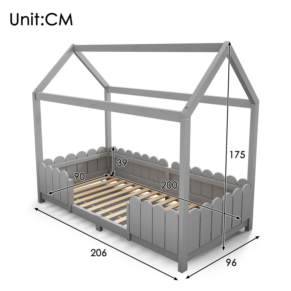 HAUSBETT 90/200 cm in Grau – mit Dach, Rausfallschutz und Lattenrost - Grau, Holz (90/200cm) - BEAOK