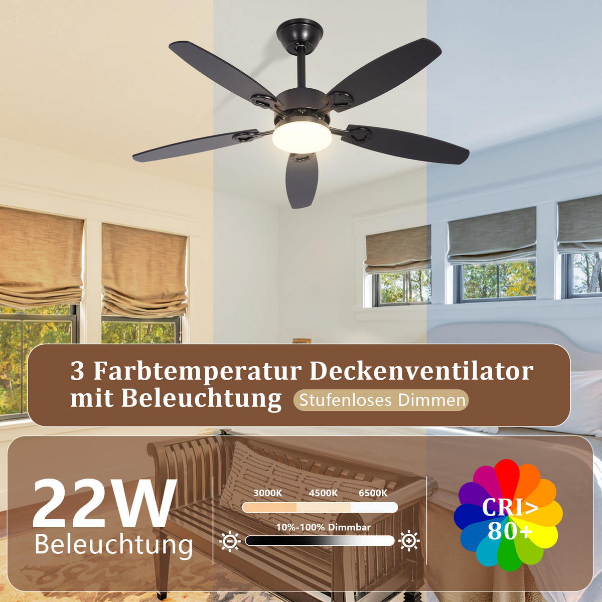 LED DECKENVENTILATOR Ularen 112/15/40 cm - Schwarz, Metall (112/15/40cm) - ZMH