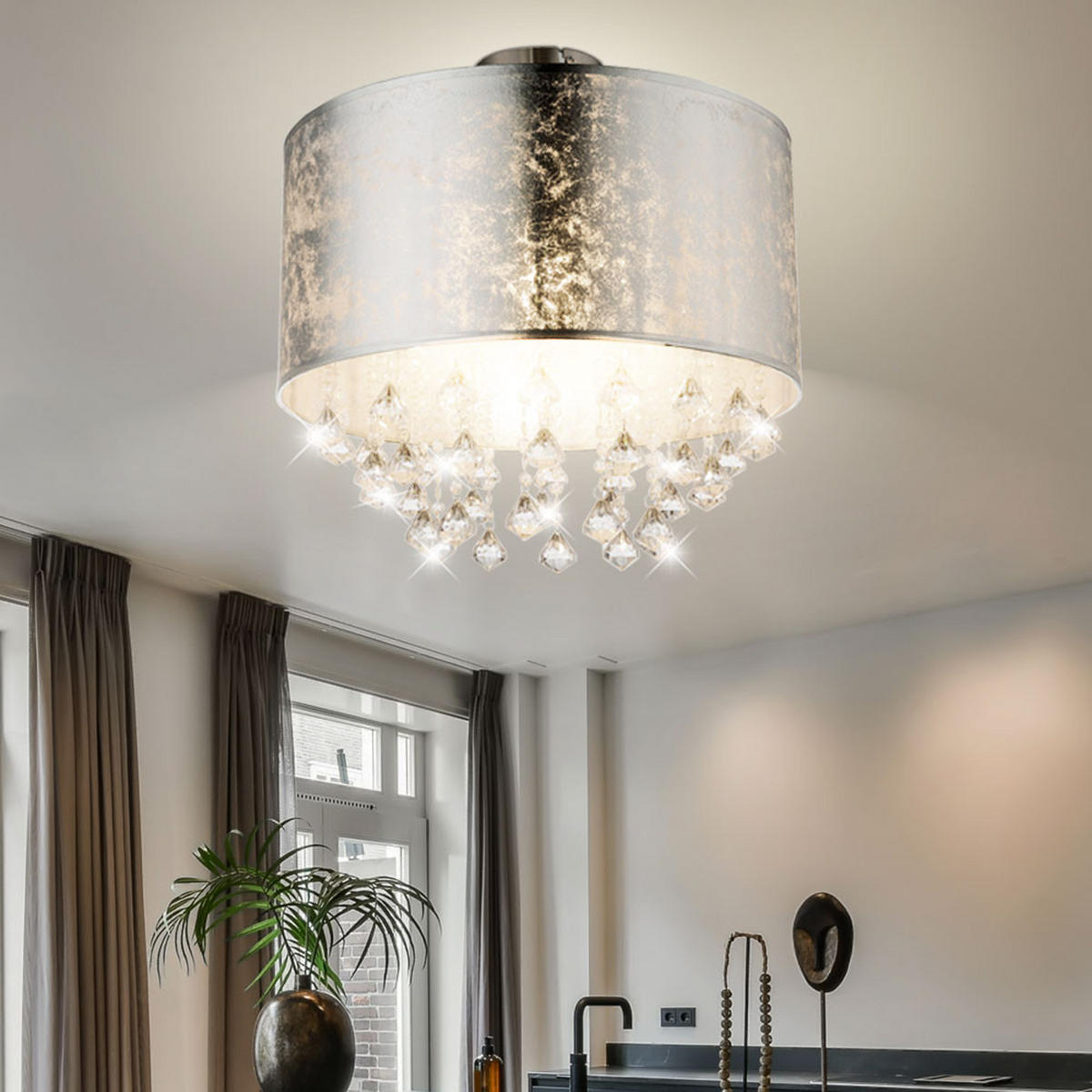 LED DECKENLEUCHTE Kristalle Silber - Silberfarben, Metall (30/30/31cm) - Globo Lighting