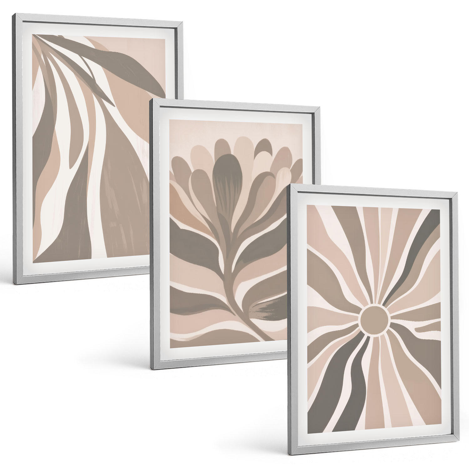 BILDER SET 3er Set - 40x60 cm Silberner Rahmen - Abstrakte Pflanzenmuster - Silberfarben, Kunststoff (40/60cm) - TULUP