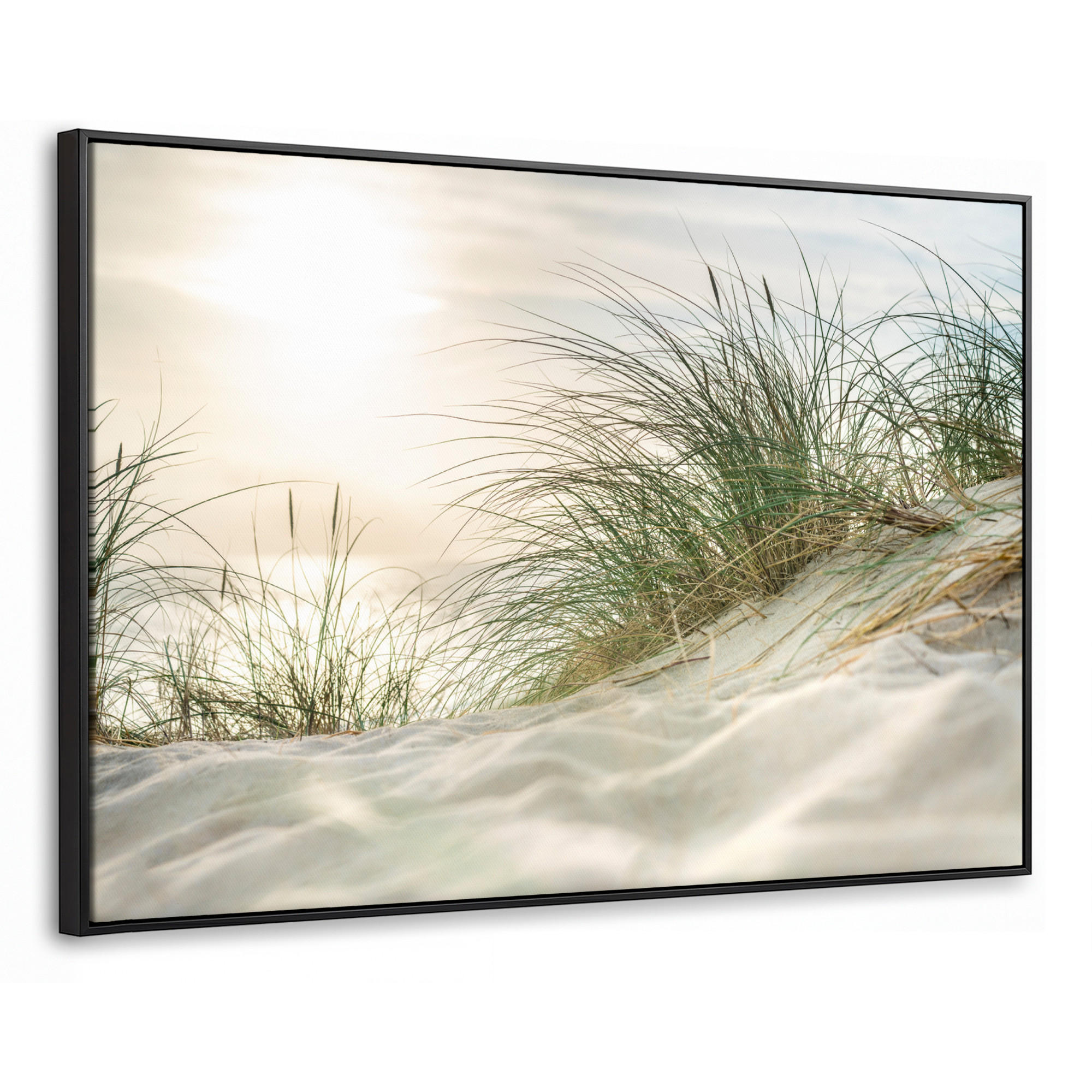 LEINWAND Bilder mit Rahmen - Dünen mit Strandhafer in der Sonne des Nationalparks Schleswig-Holsteinisches Wattenmeer - 150x100 - Creme, Textil (150/100cm) - MuchoWow