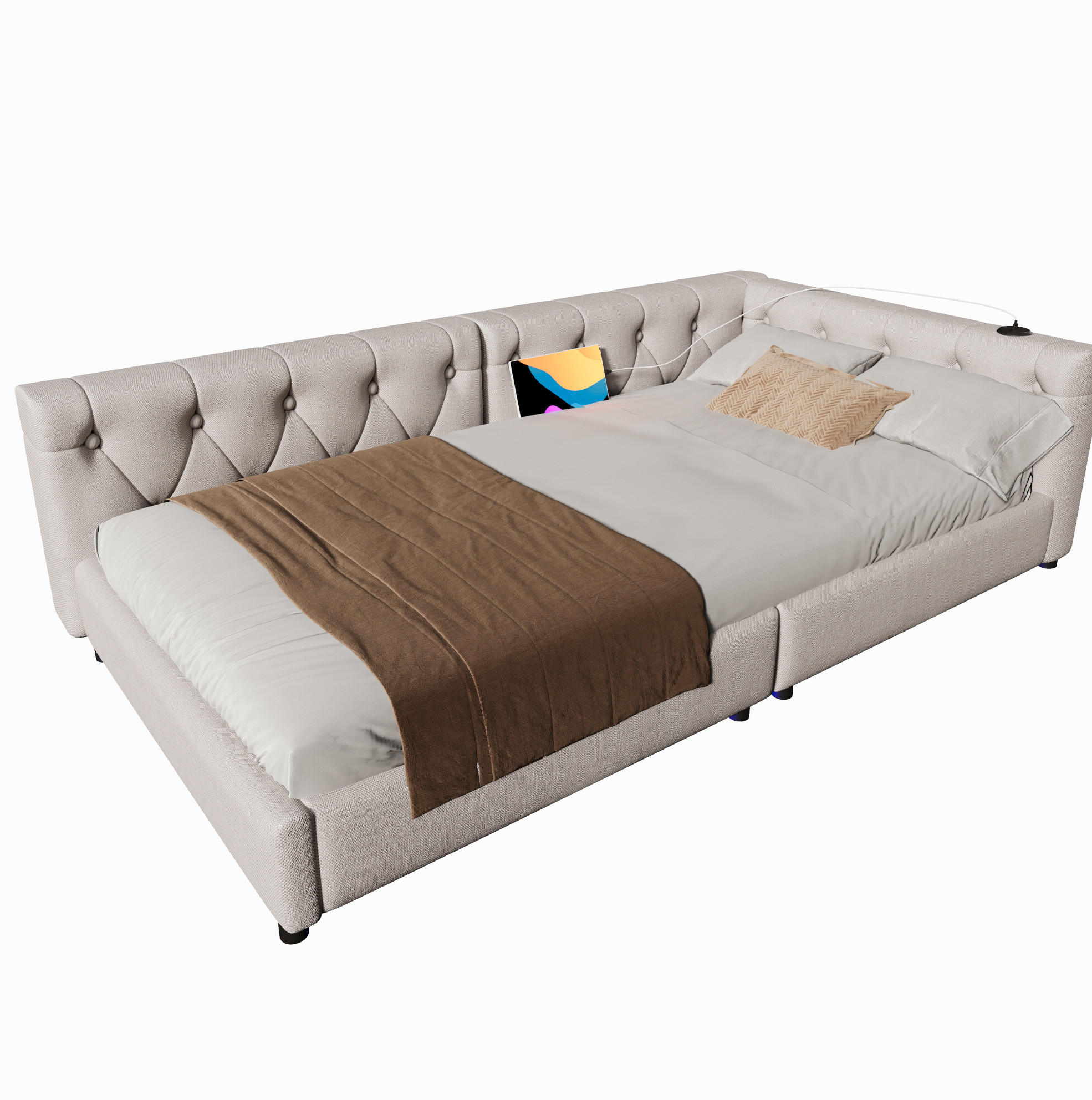 POLSTERBETT 90/200 cm Beige aus Leinen mit LED-Beleuchtung - Beige, Textil (90/200cm) - OKMYHOME
