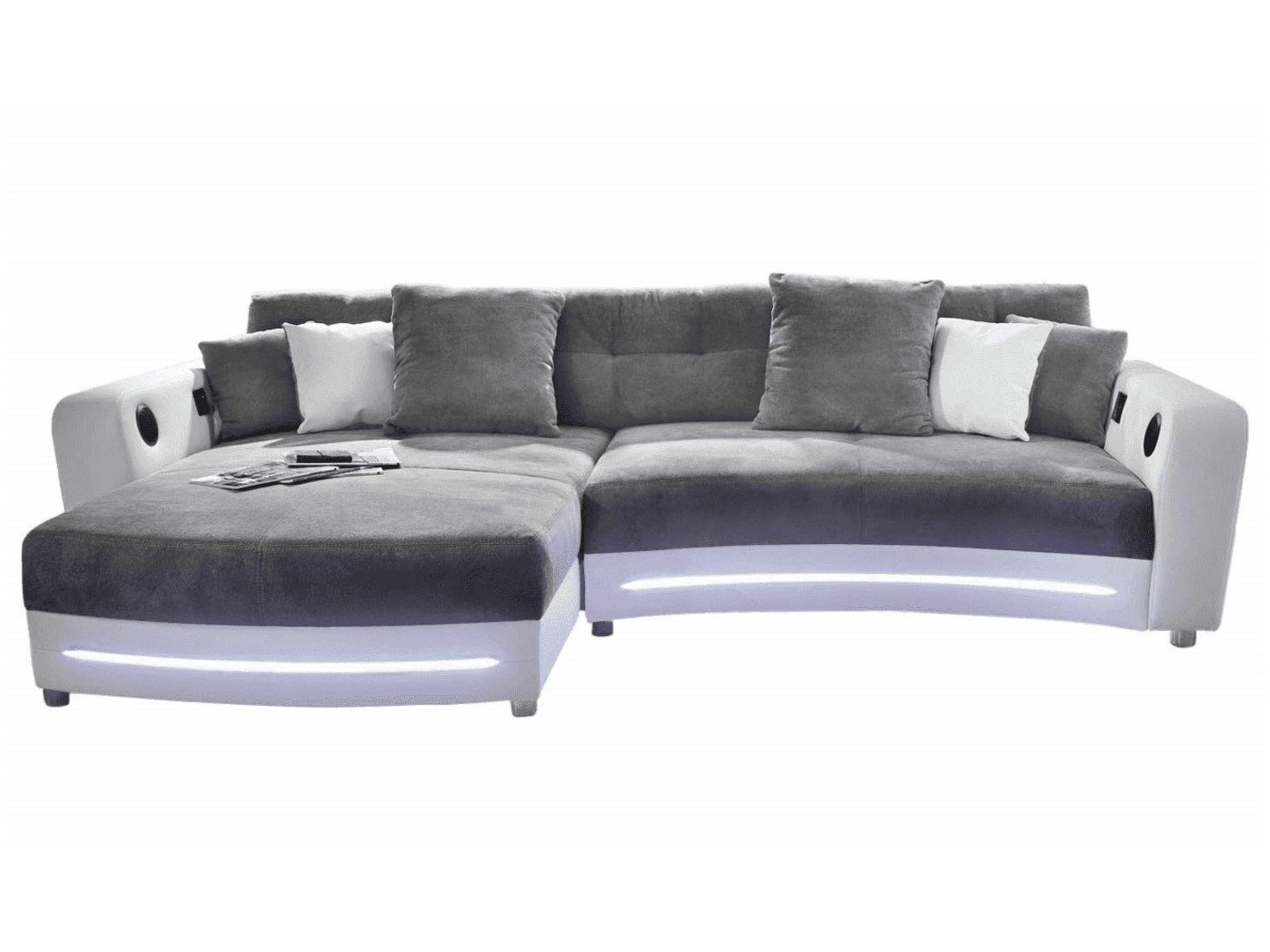 MULTIMEDIA-ECKSOFA Soundsystem RGB-LED Beleuchtung Bluetooth USB AUX-in, seitenverkehrt montierbar B322/T190/H88cm, Kunstleder Weiß-Mikrof.Grau/15410 - Chromfarben/Weiß, Textil/Metall (322/88/190cm) - luma-home