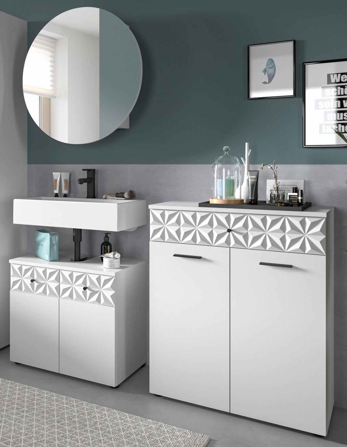 BADMÖBEL-SET weiß Hochglanz 3-teilig 155 cm, Komplettset mit 3D-Struktur - Weiß Hochglanz, Glas/Holzwerkstoff (155/187/37cm) - Inn.Furn