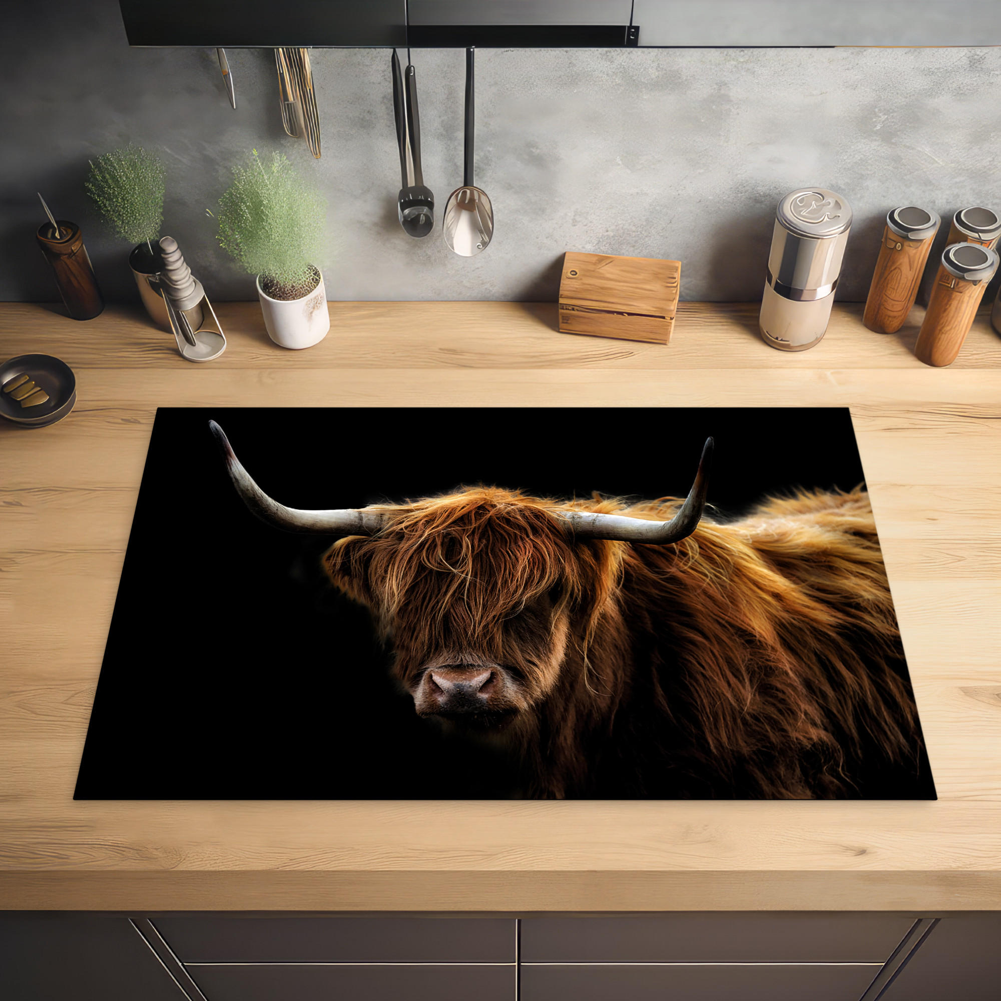 HERDABDECKPLATTE Schottischer Highlander - Hörner - Schwarz - Tiere - Natur - Wild - Kuh 81x52 cm - Cognac, Kunststoff (81/0.2/52cm) - MuchoWow