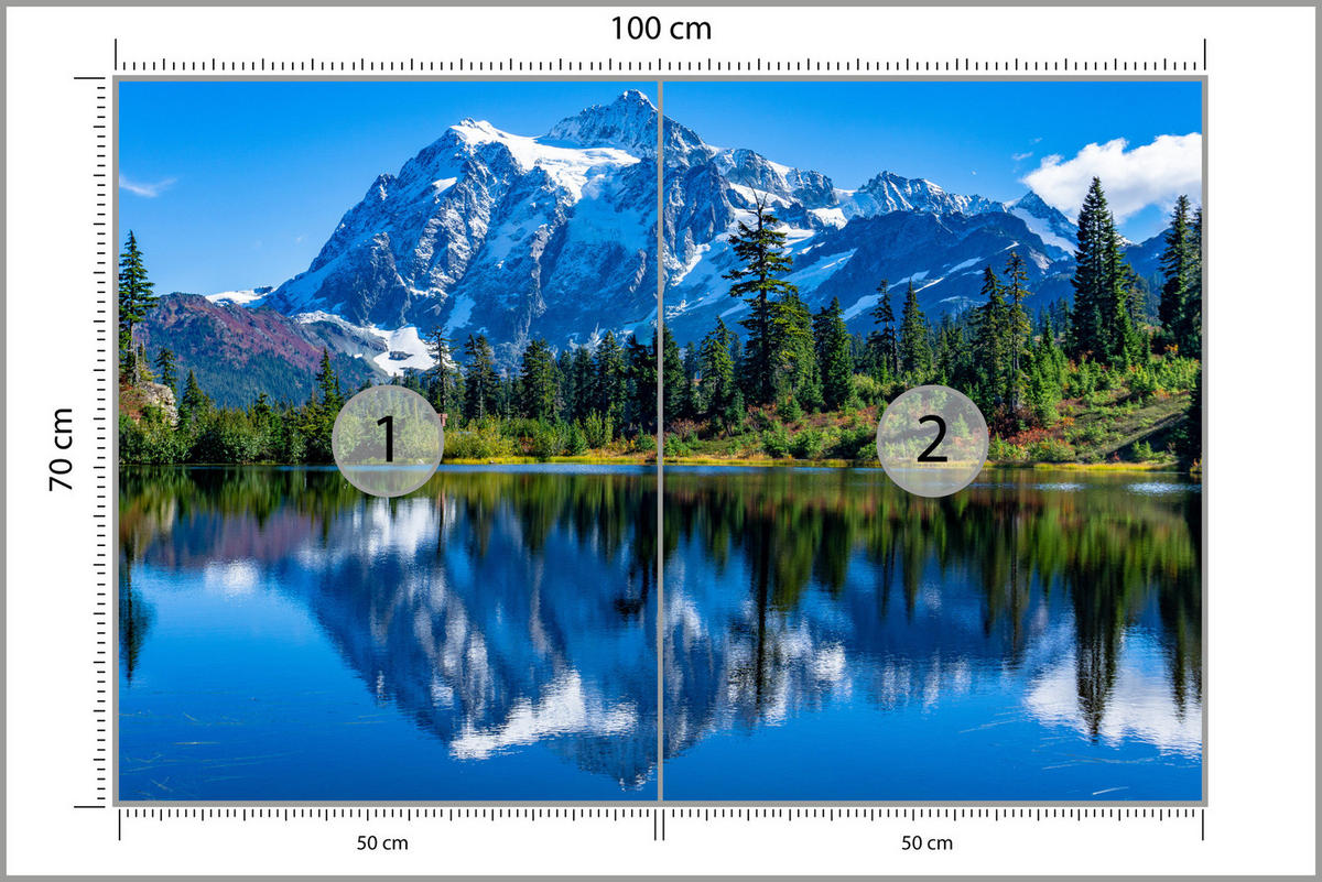 FOTOTAPETE See Berge Wald Landschaft 3D 100x70 - Blau/Beige, Papier (100/70cm) - Muralo