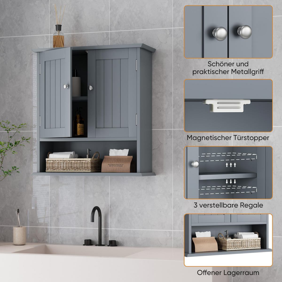 BADEZIMMERSCHRANK Wandregal mit Türen 54,6 x 19,8 x 60 cm Hellgrau - Hellgrau, Holzwerkstoff (19.8/60/54.6cm) - Beauniv