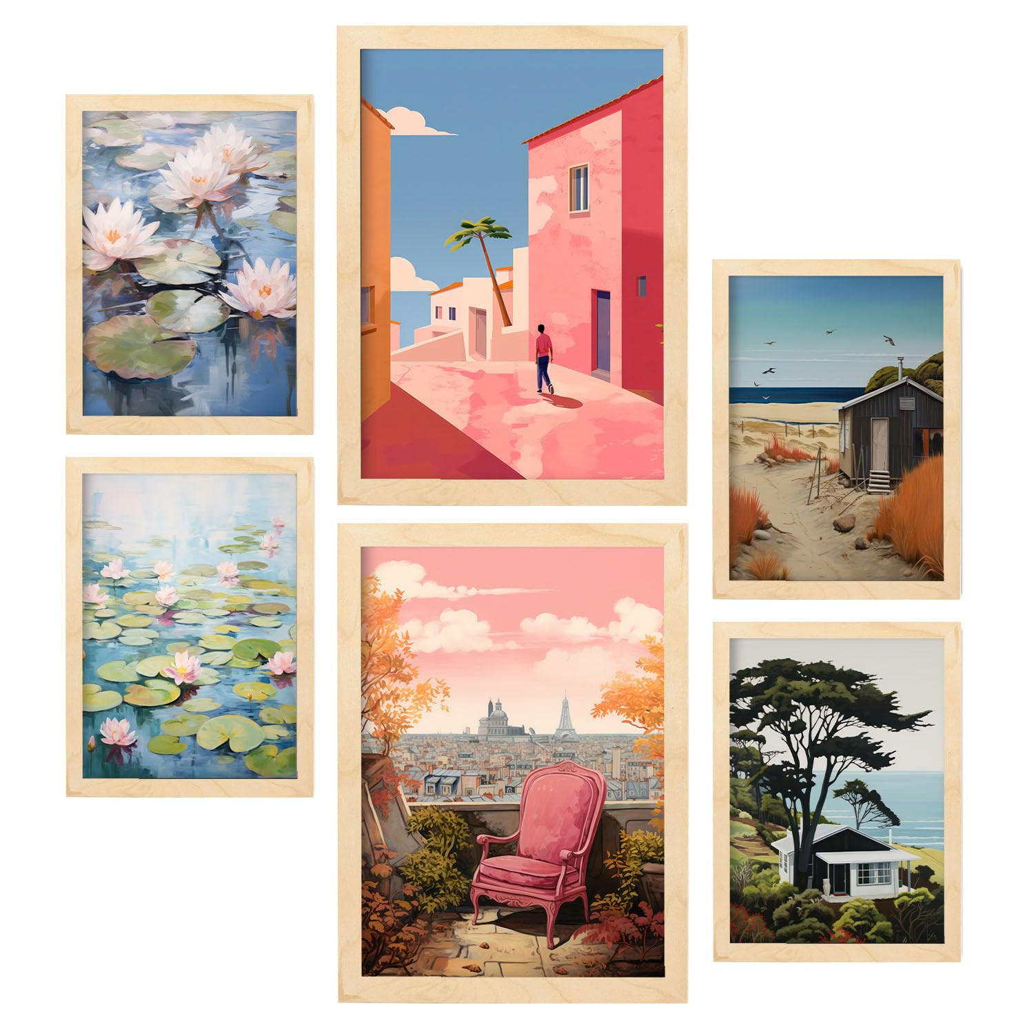 POSTER Set Mit 6 Entspannende Ruhe In Vielseitiger A3 & A4 Rahmen Aus Hellem Holz - Beige, Papier (29/3cm) - Nacnic