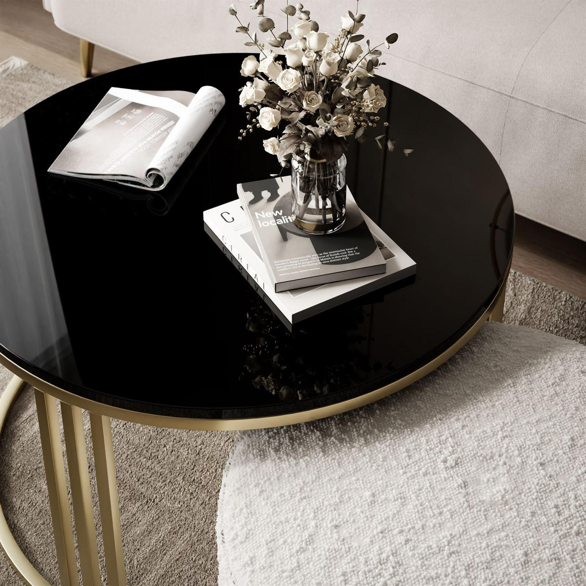 COUCHTISCH mit Hocker LORI Hochglanz gebürstetes Gold/Schwarz glänzend/Coral 65 - Schwarz, Metall (70/70/49cm) - Lookway