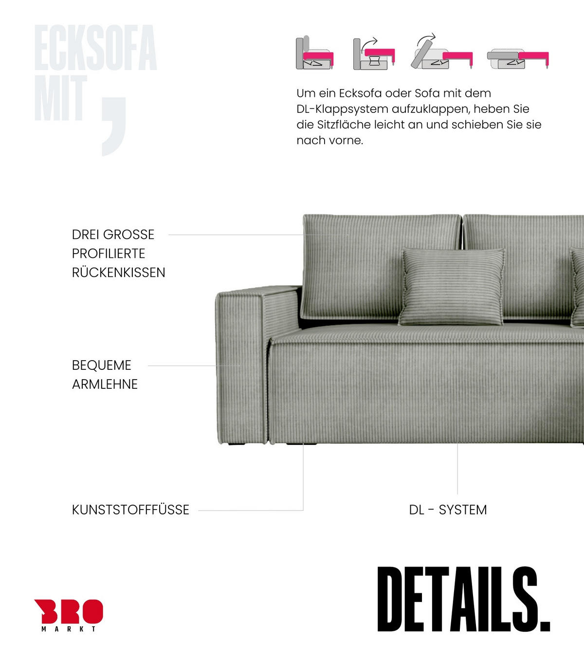 ECKSOFA Dexter mit Schlaffunktion Grau Cord - Hellgrau, Textil (238/141cm) - Bromarkt