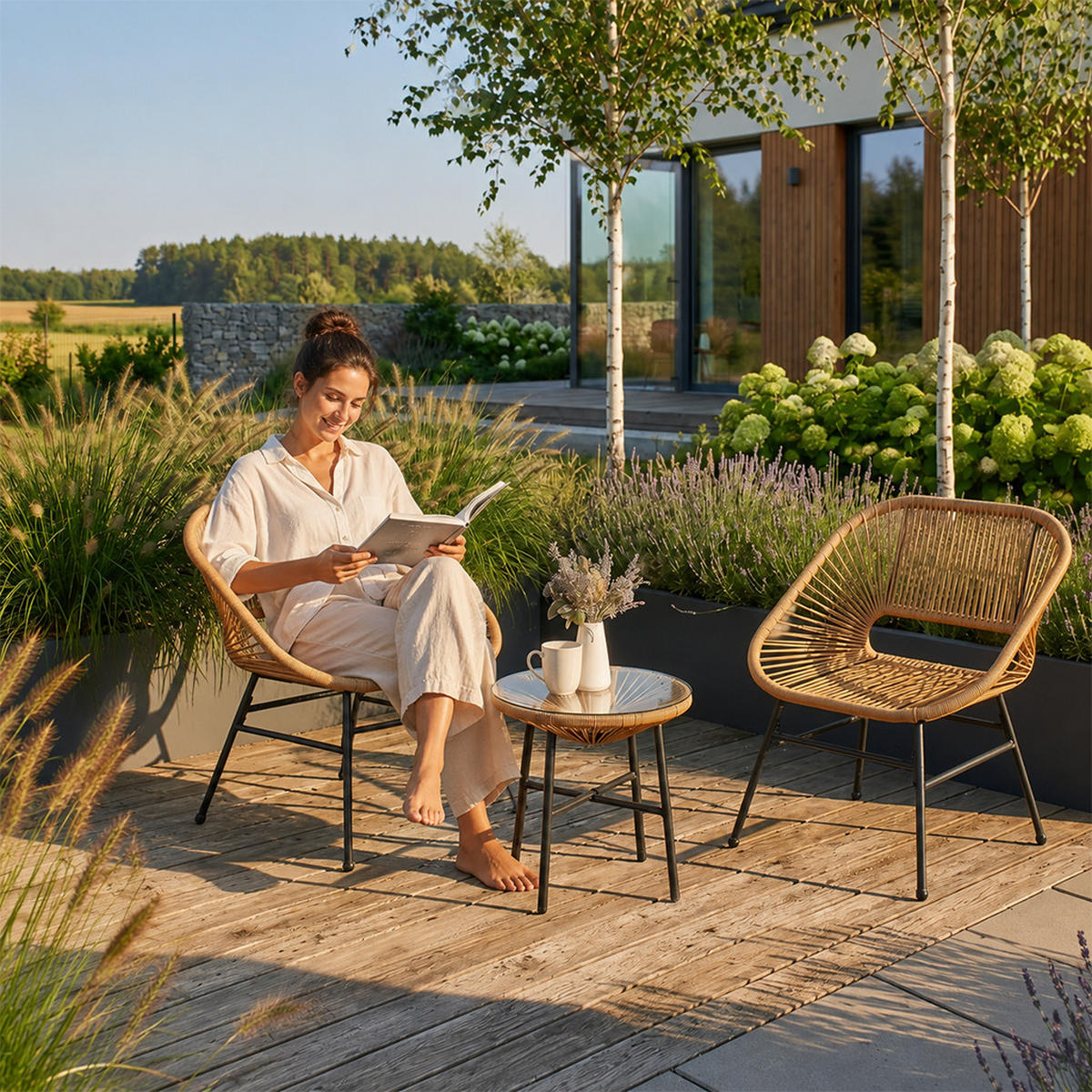 GARTENSET Malika 2 Sessel und Tisch mit Glasplatte, mit Metallrahmen, Beige - Beige/Schwarz, Metall - Beautysofa