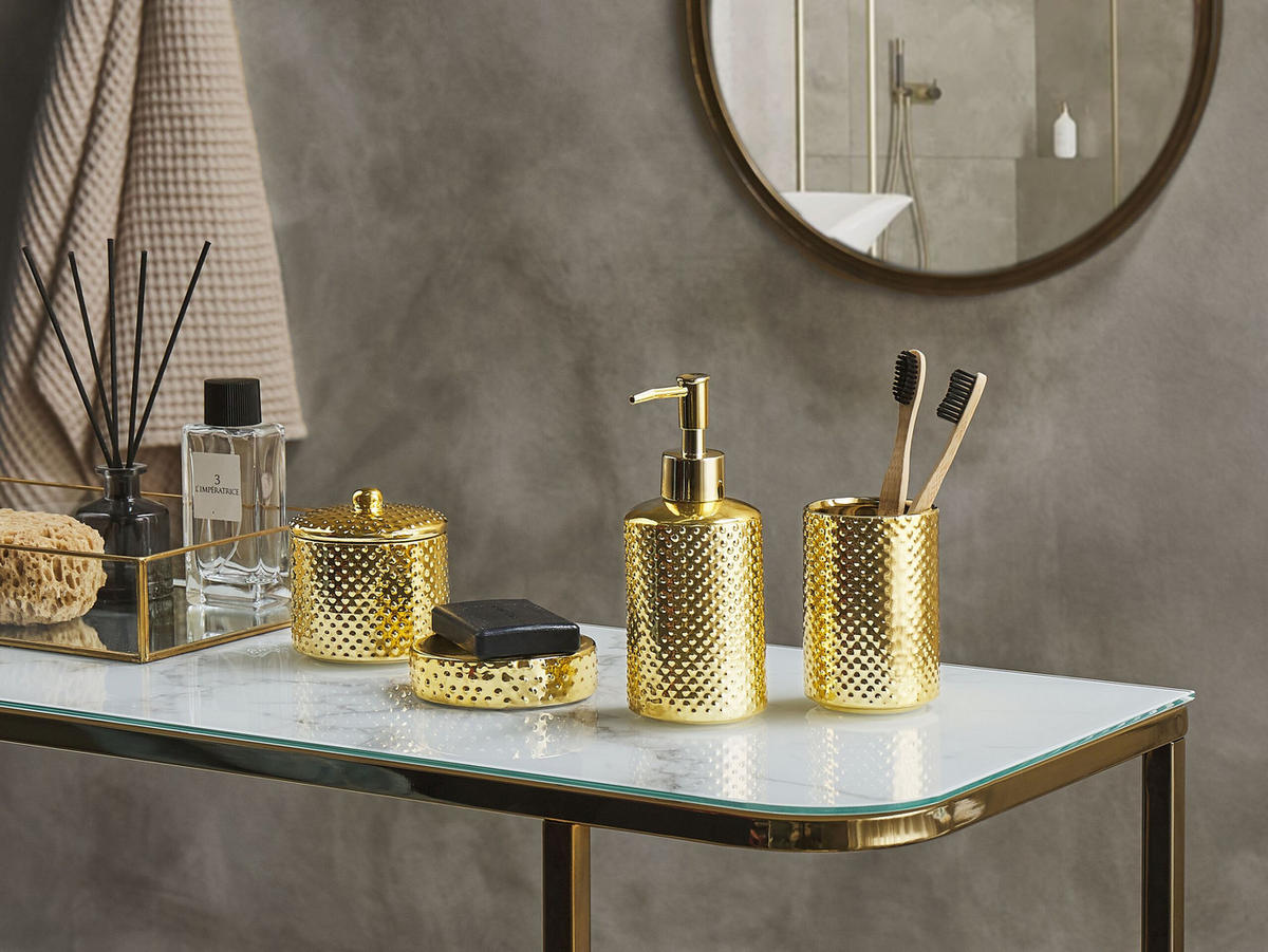 BADEZIMMER Set 4-teilig Keramik gold Cumana - Goldfarben, Stein (7/18/7cm) - Beliani