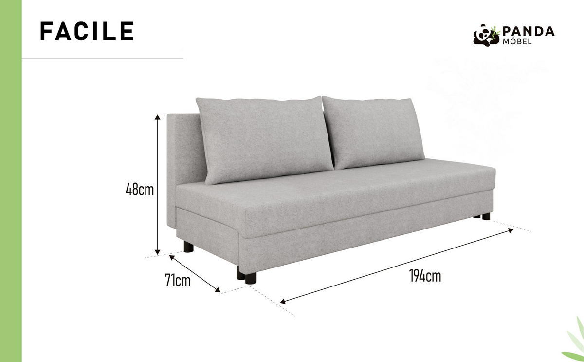 SCHLAFSOFA Facile mit Bettkasten – Moderne 2-in-1 Couch mit Stauraum, hellgrau - Hellgrau, Holz (194/48/71cm) - Panda Möbel