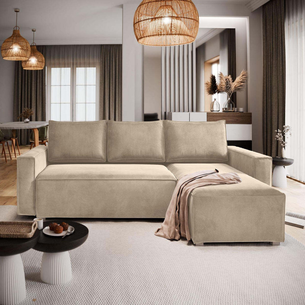 ECKSOFA SILES Creme Velours-Stoff mit Schlaffunktion - Creme, Holz (230/140cm) - MASSENO